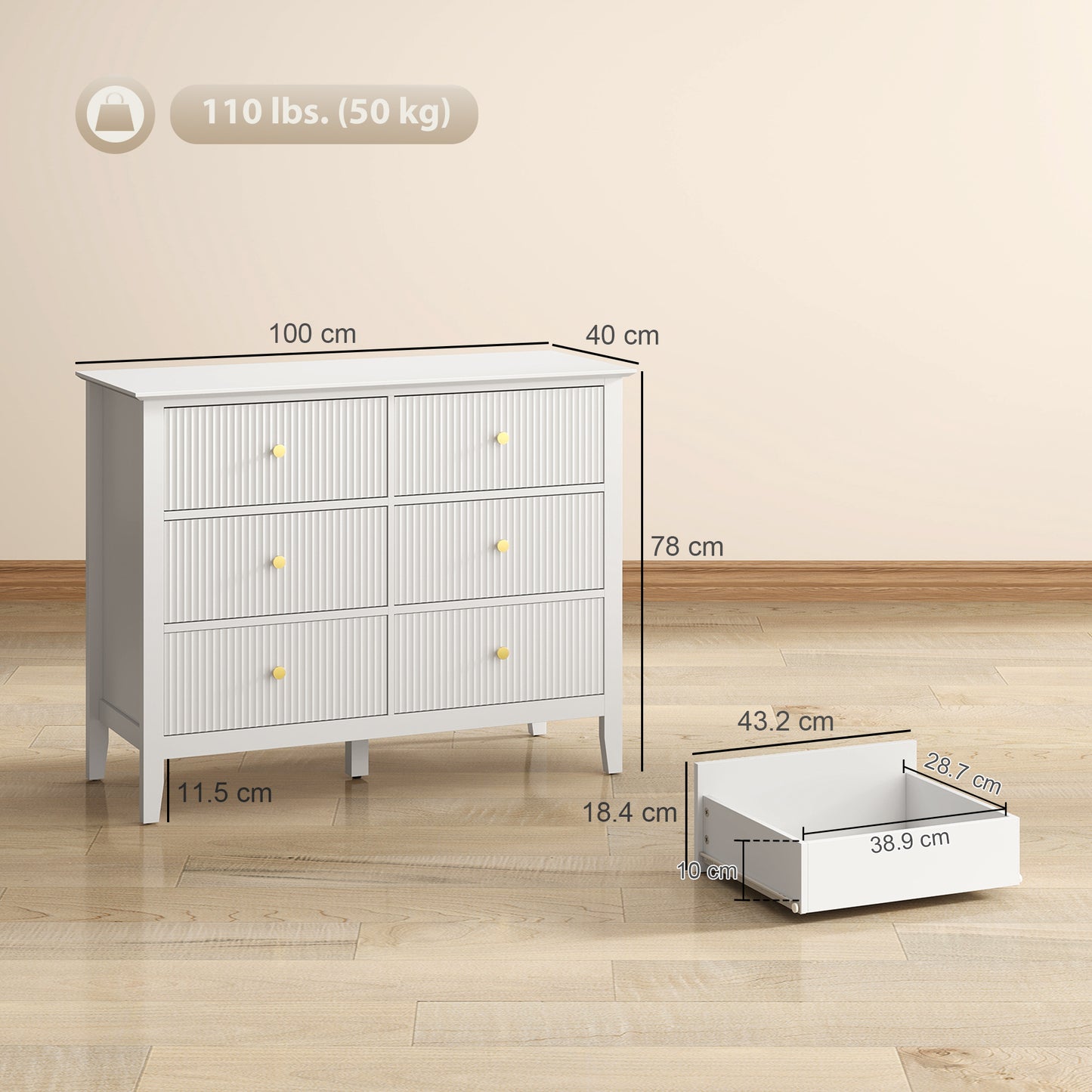 HOMCOM Fluted Dresser 6 Drawer Chest of Drawers for Bedroom Living Room Hallway Closet White