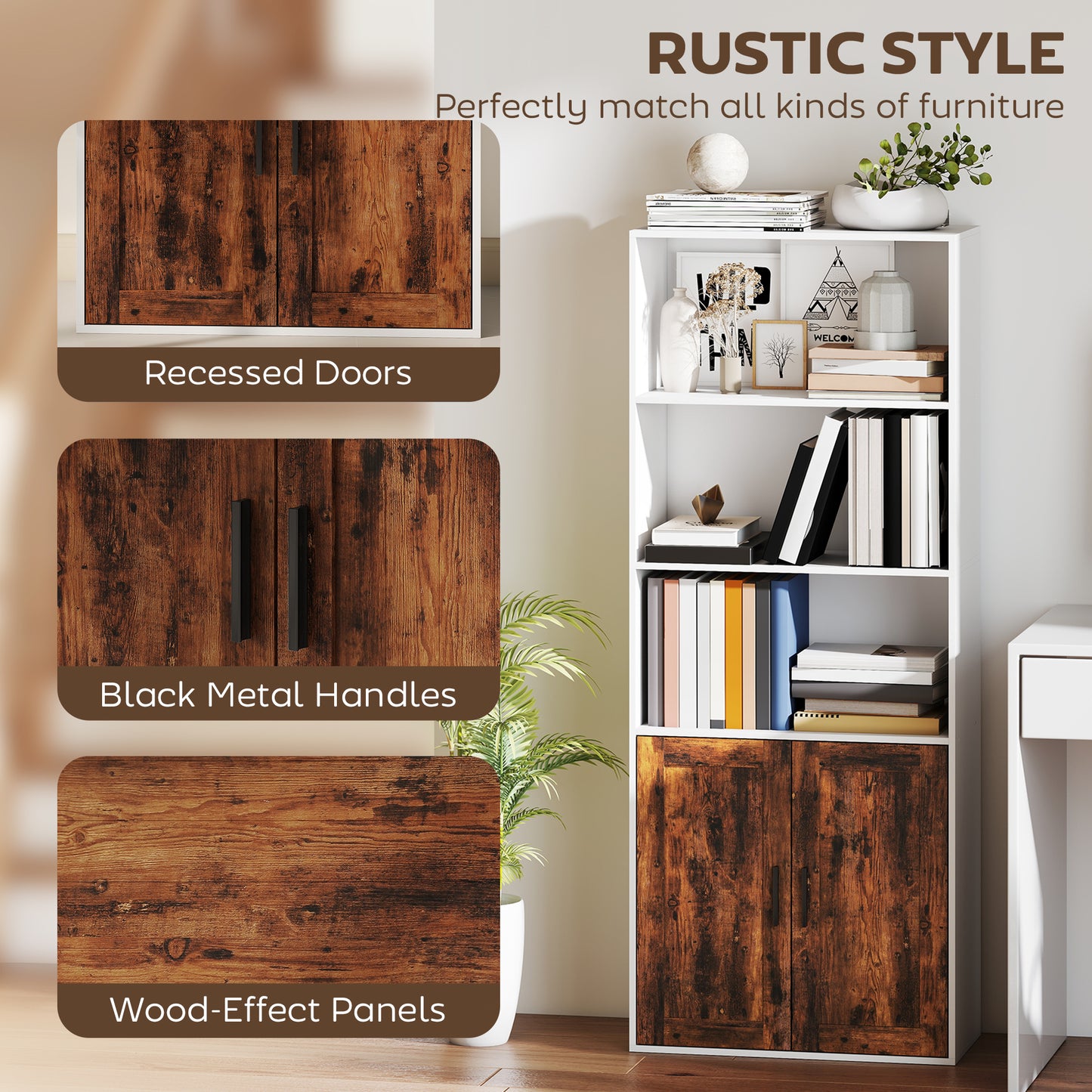 HOMCOM 5 Tier Bookcase With Adjustable Shelves Rustic Brown Open Shelving And Enclosed Storage Anti Tip Kit