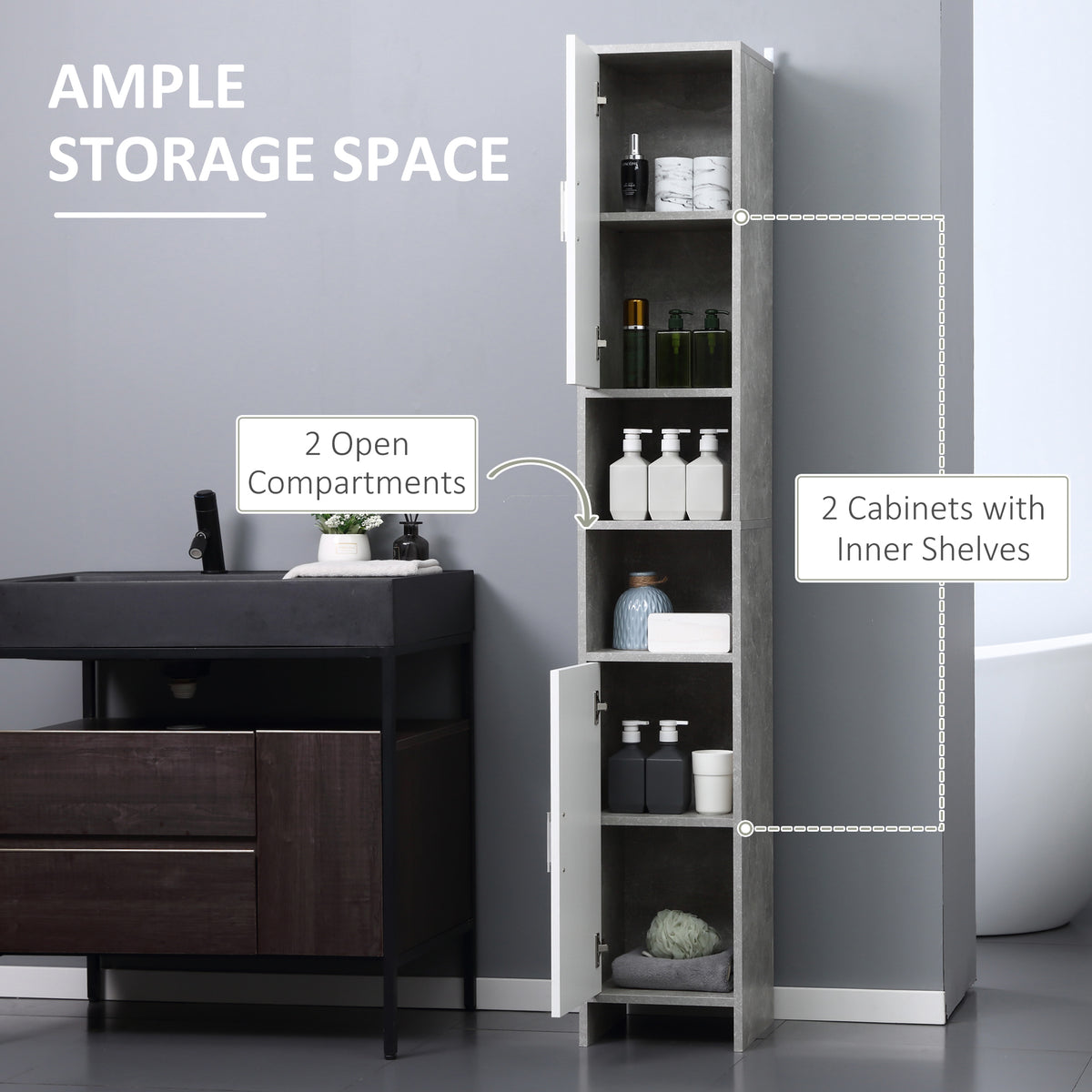 Freestanding grey cabinet with two open compartments and two lower cupboard doors