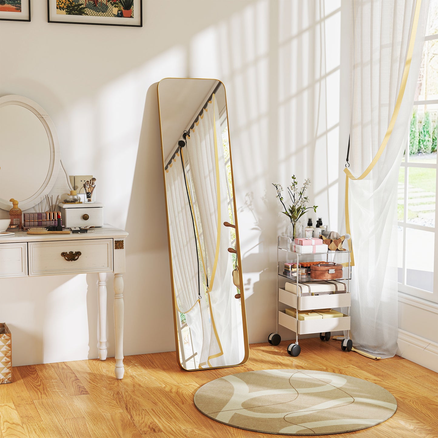 HOMCOM 40 x 160 Cm Rectangular Full Length Mirror Gold Tone With Tilt For Lean Against Wall Or Free Standing Bracket