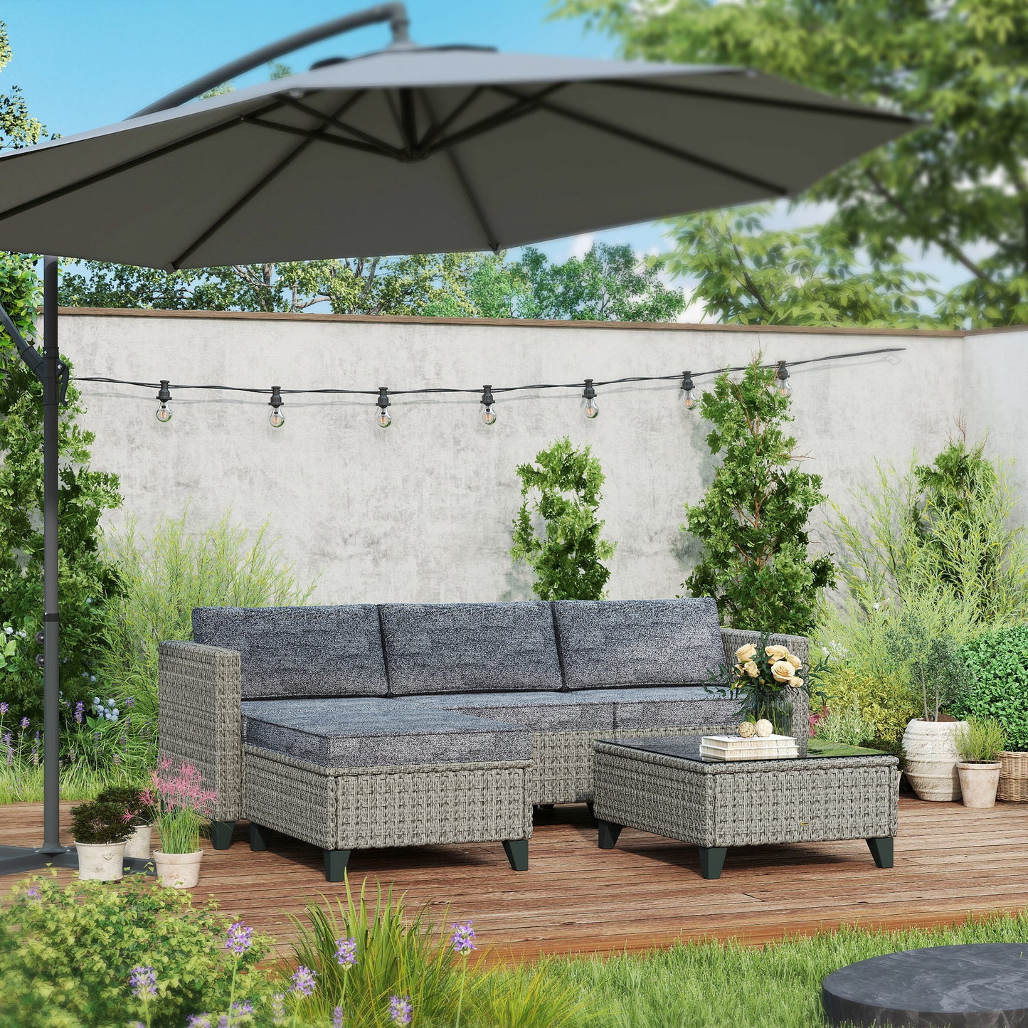 Outsunny 5 Piece Rattan Patio Furniture Set With Corner Sofa Footstools And Coffee Table For Poolside Dark Grey