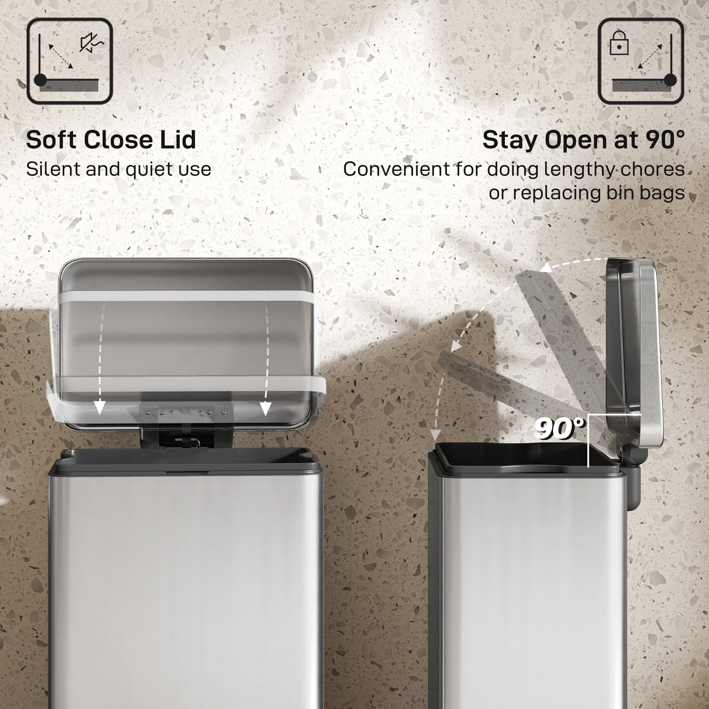HOMCOM 20L Stainless Steel Pedal Kitchen Bin With Soft Close Lid Stay Open Function Removable Inner Bucket