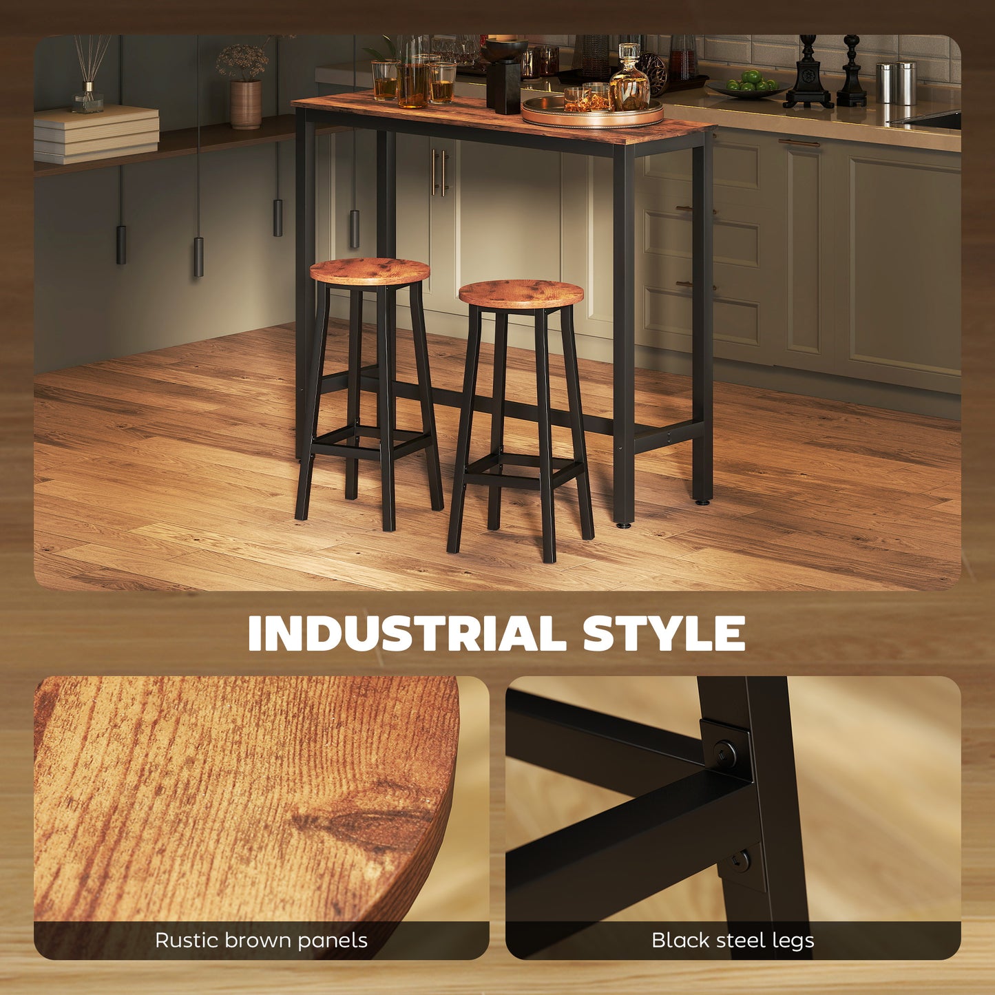 HOMCOM Breakfast Bar Stools Set of 2 with Footrest Industrial Round Rustic Brown 32 x 32 x 65 cm