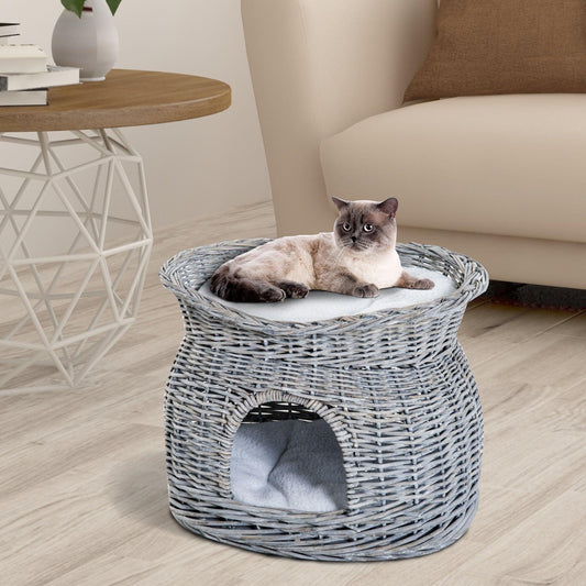 PawHut 2-Tier Wicker Cat House Elevated Pet Bed Basket Willow Kitten Tower Pet Den. with Washable Cushions 56x37x40cm Grey - ALL4U RETAILER LTD