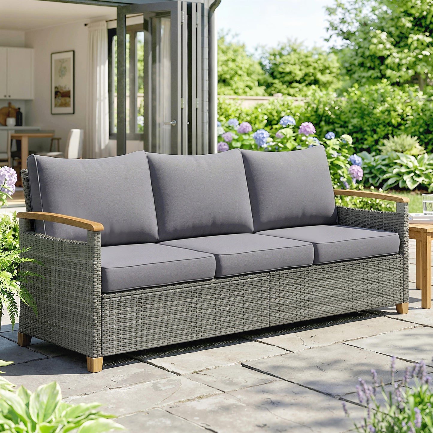 Outsunny 3 Seater Rattan Garden Sofa Outdoor PE Wicker Wood Effect Armrests Legs Deep Seat 4 Inch Cushions Dark Grey