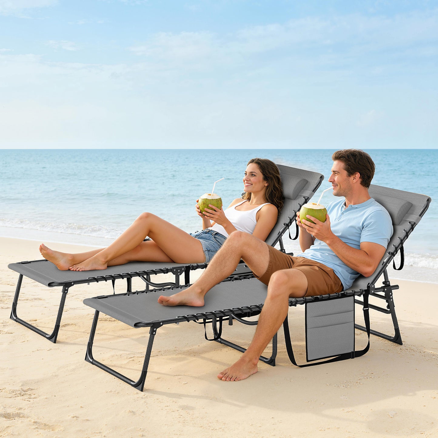 Outsunny Five Position Reclining Sun Loungers Set Of 2 Grey Outdoor Sun Loungers With Removable Pillow