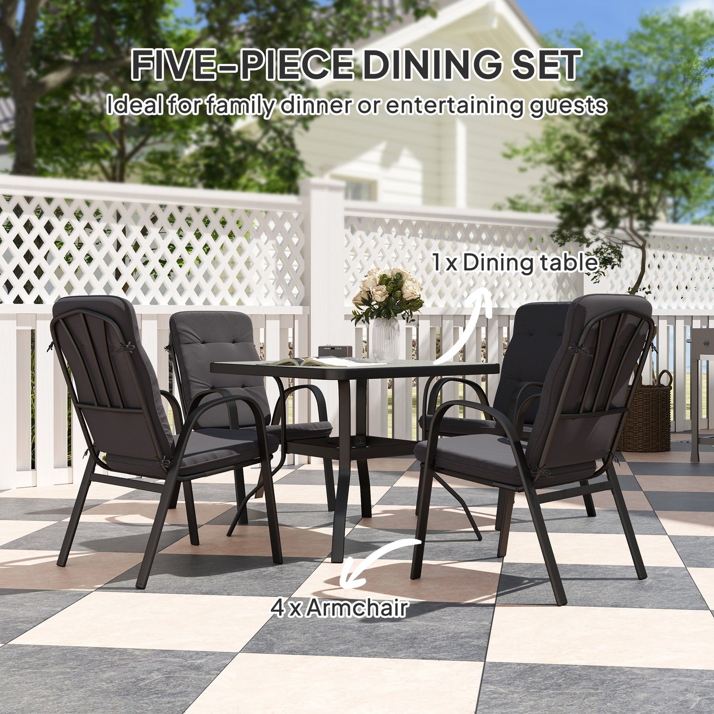 Outsunny Five Piece Garden Dining Set With Tempered Glass Table And Four Cushioned Armchairs Umbrella Hole Black