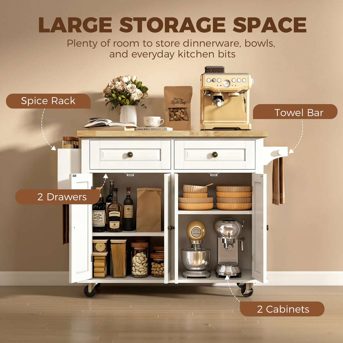 Homcom Rolling Kitchen Island Rubberwood Top Drawers Cream White Shelves