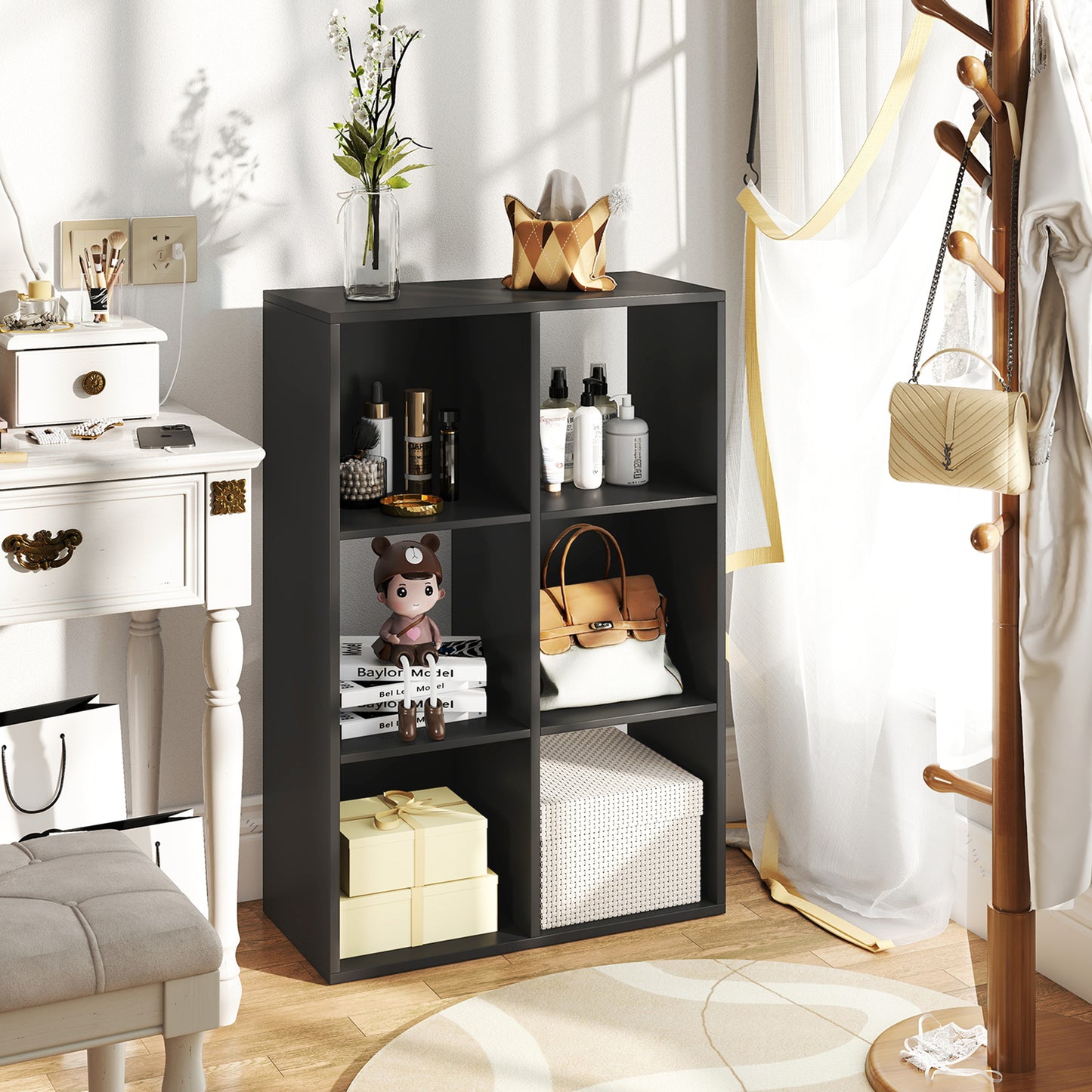 HOMCOM Six Cube Bookshelf Black Durable Particle Board Storage Organizer For Home Office