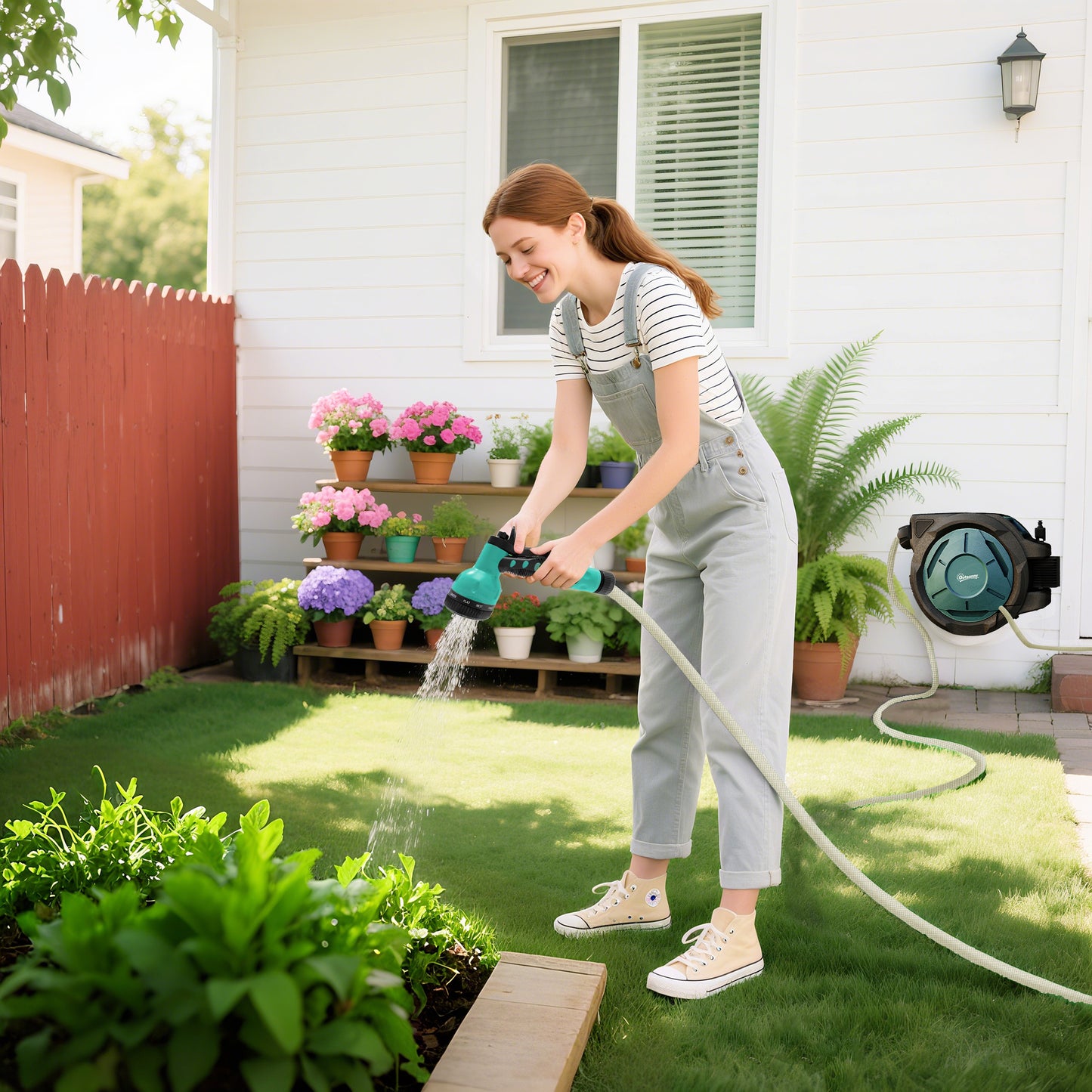 Outsunny Retractable Hose Reel Wall Mounted 20m And 2m Hose With Auto Rewind 180 Degree Swivel 7 In 1 Nozzle Black