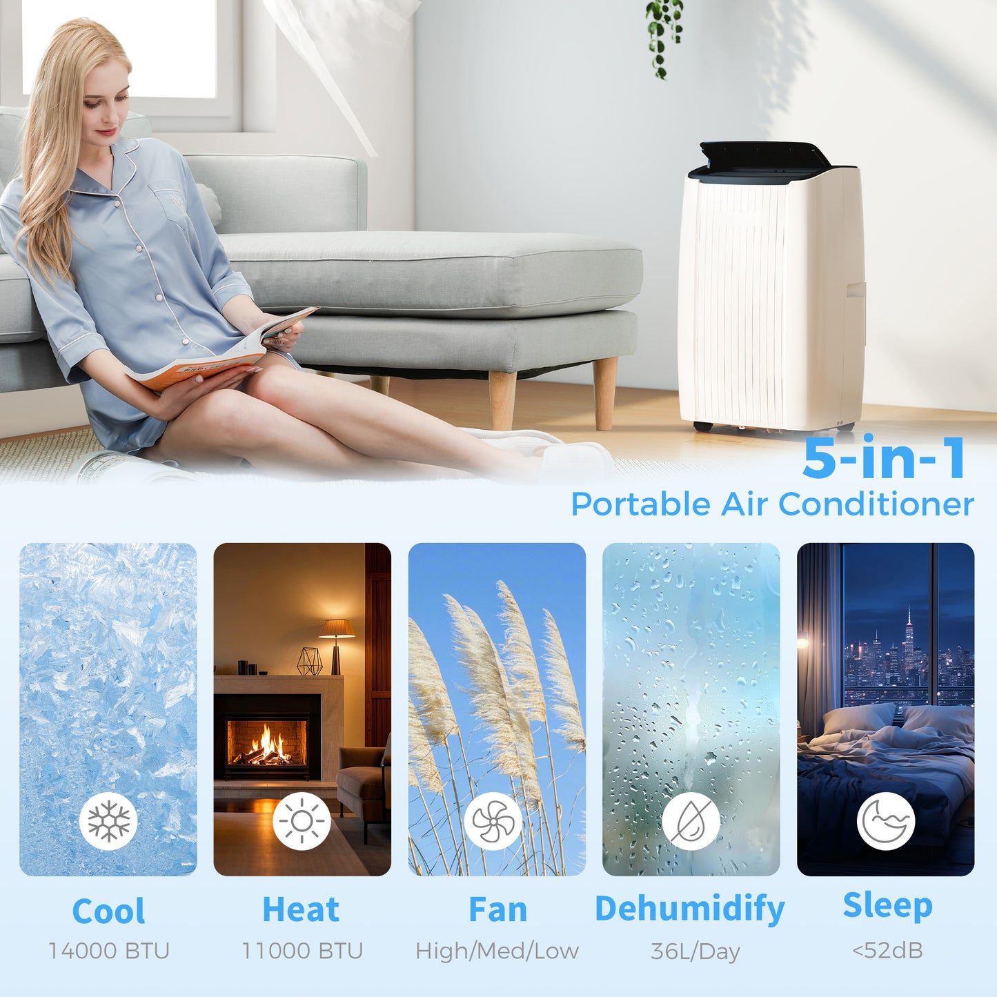 HOMCOM 14000 BTU 5 In 1 Portable Air Conditioner With Cooling Heating Dehumidifier Fan Sleep WiFi Control White