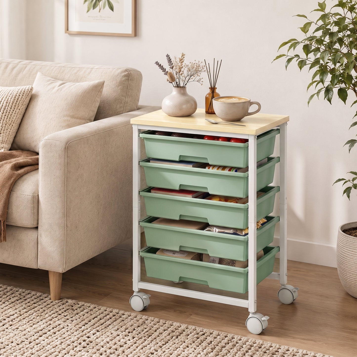 HOMCOM 6-Tier Kitchen Rolling Cart Green With 5 Drawers And Wheels