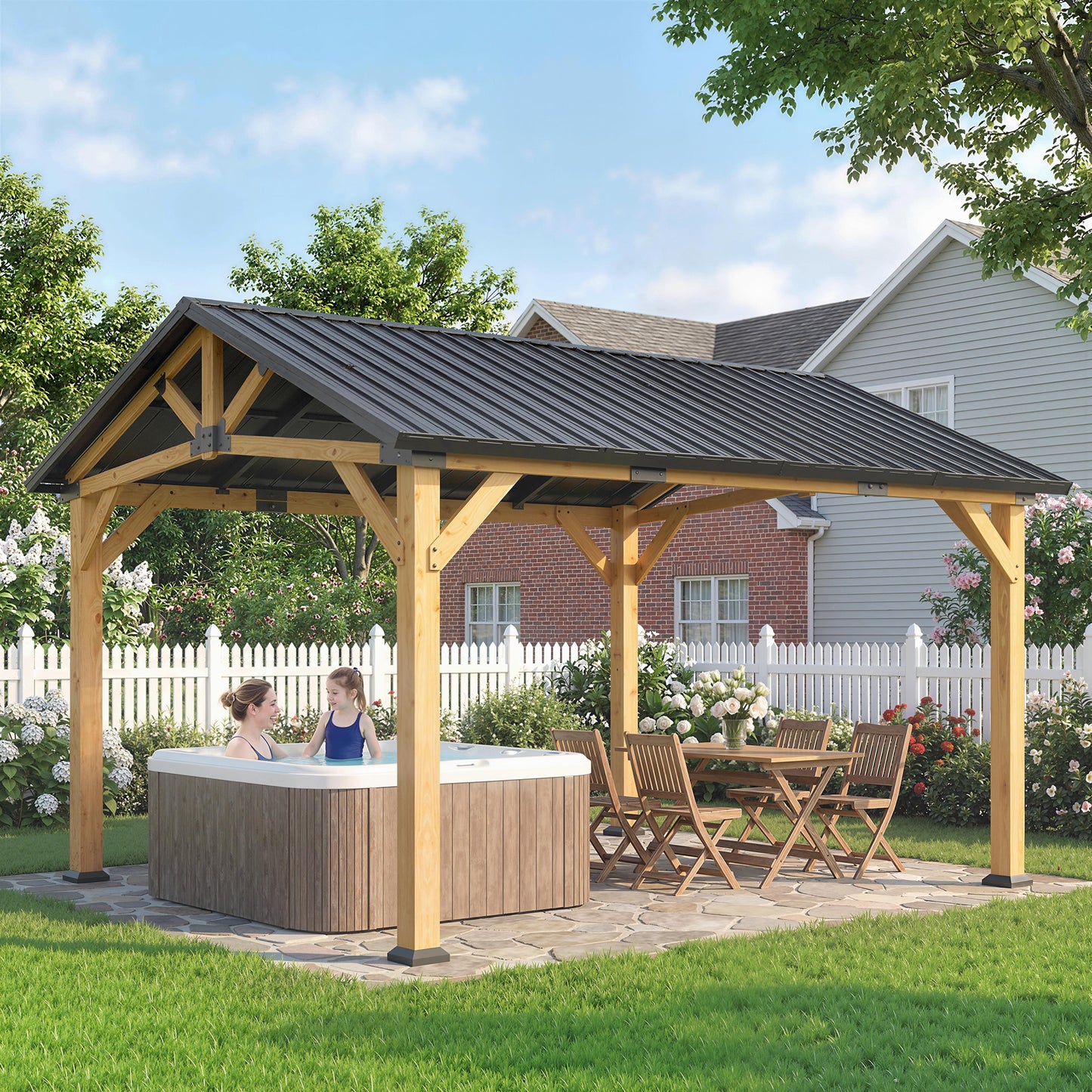 Outsunny 3.5x4m Hardtop Gazebo with Galvanised Metal Roof Fir Wood Frame Hook for Patio and Garden Black Gray