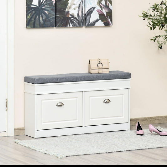 HOMCOM White Shoe Storage Bench with Cushioned Seat and Drawers - ALL4U RETAILER LTD