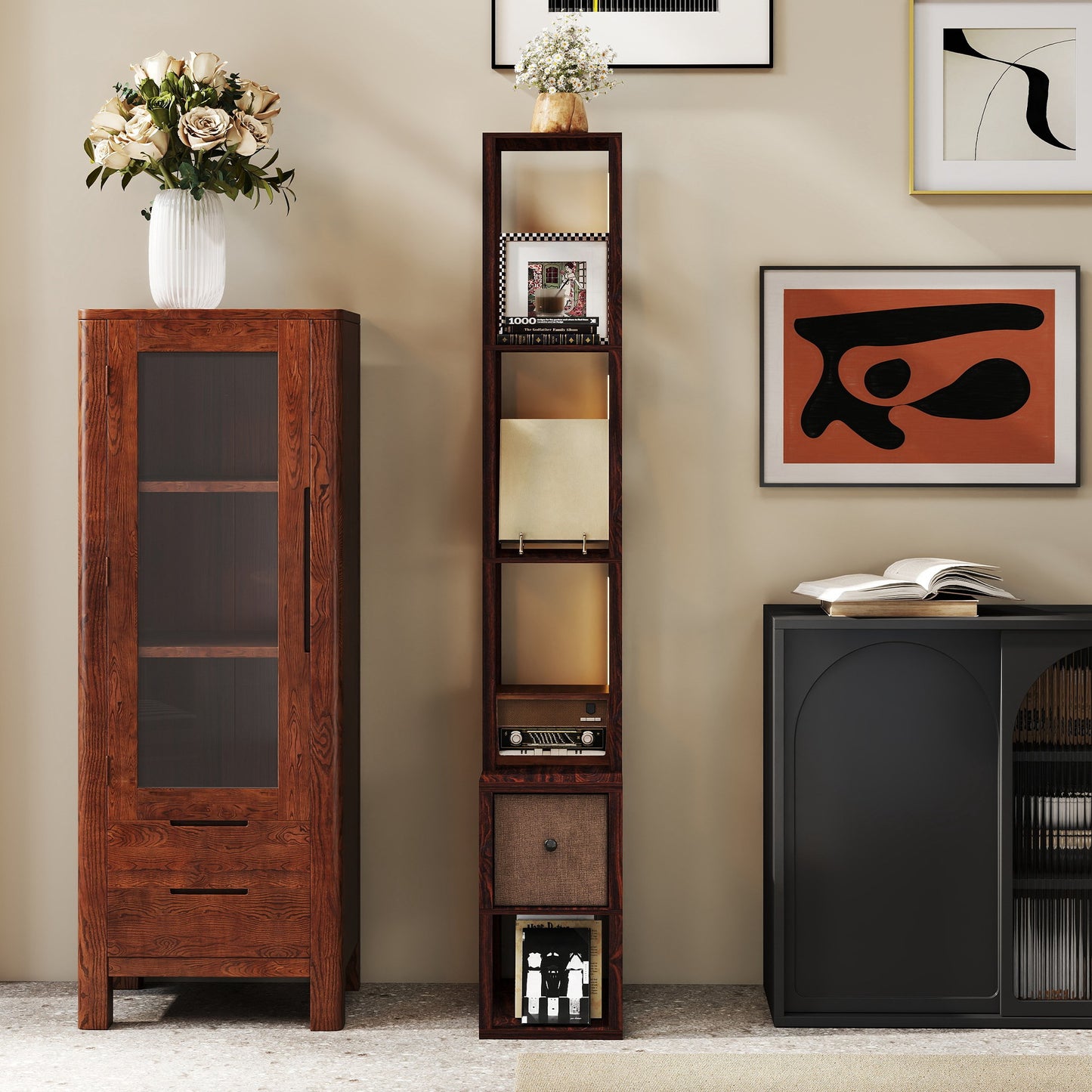 HOMCOM Floor Lamp With Shelves And Fabric Drawer LED Column Standing Lamp Adjustable Brightness Foot Switch Dark Brown