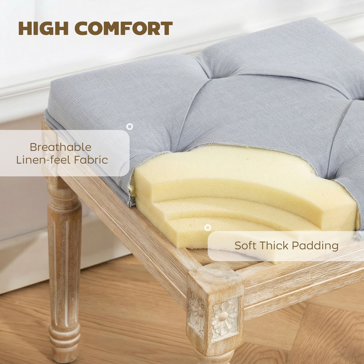 HOMCOM Vintage Foot Stool With Tufted Square Seat And Wood Legs In Light Grey Soft Cushioned Comfort