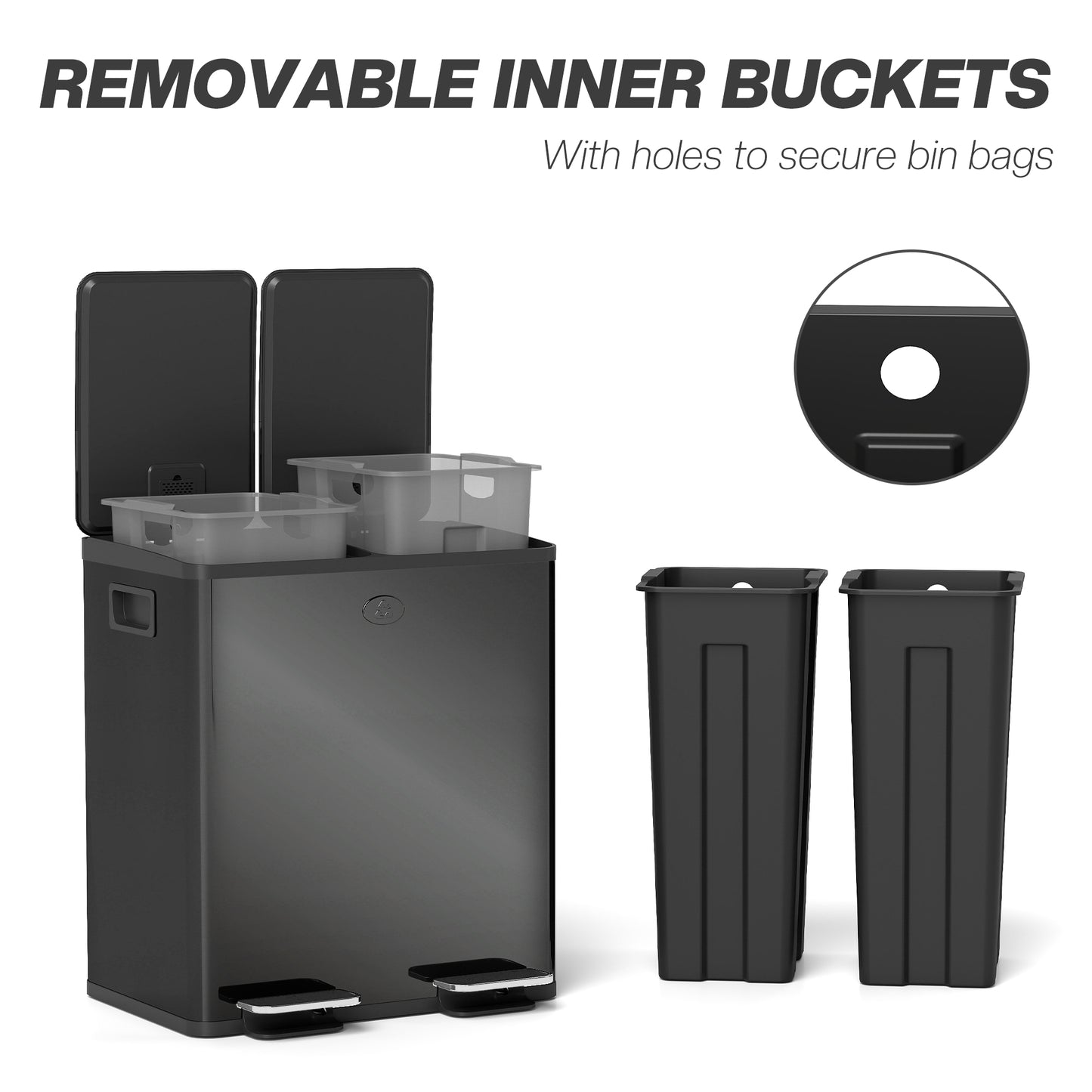 HOMCOM 40L Dual Compartment Stainless Steel Bin With Deodoriser Holders Glossy Black