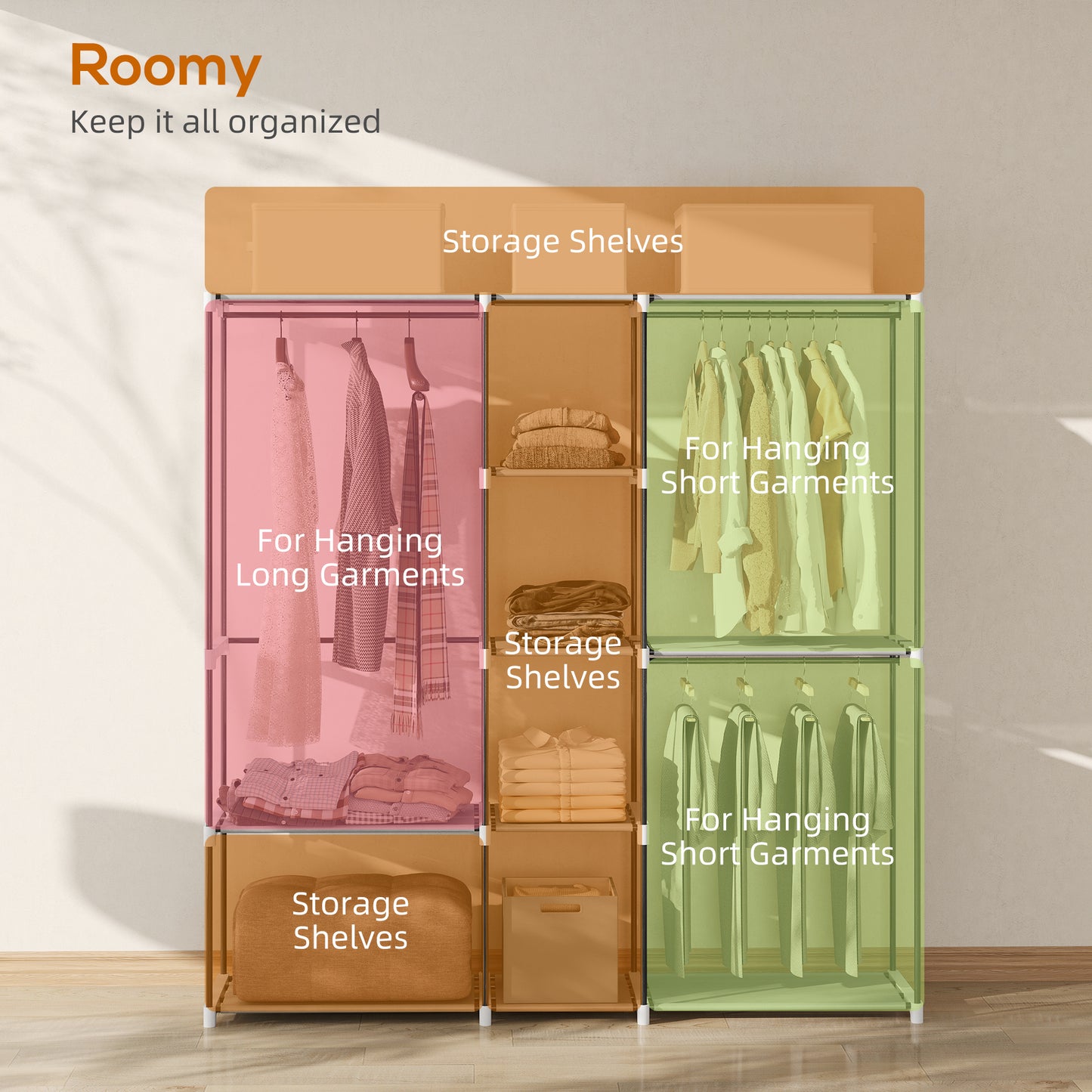 HOMCOM Portable Wardrobe With 8 Shelves And 3 Hanging Rails In Light Grey For Clothes Storage And Organization