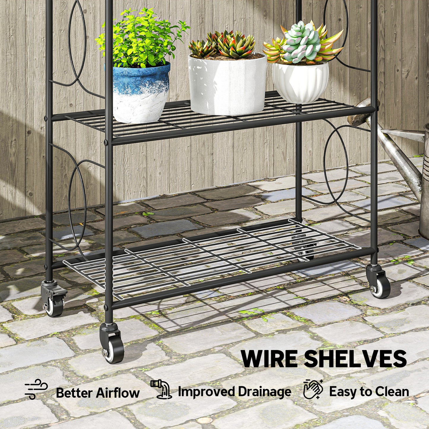 Outsunny 4-Tier Metal Plant Stand With Lockable Wheels Heavy Duty Ladder Shelf For Potted Plants