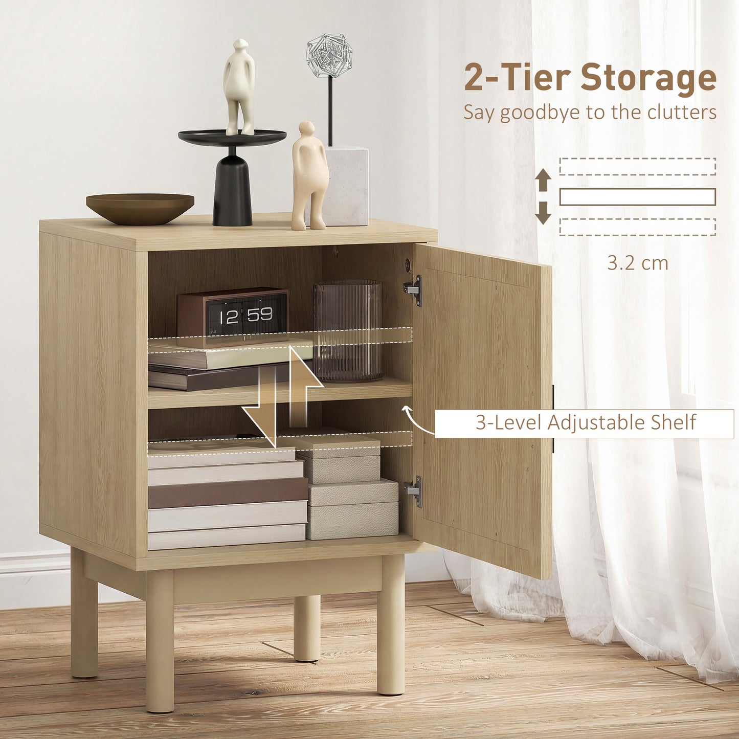 HOMCOM Rattan Bedside Table For Bedroom Natural Wood Arch Rattan Door Two Tier Design With Adjustable Shelving
