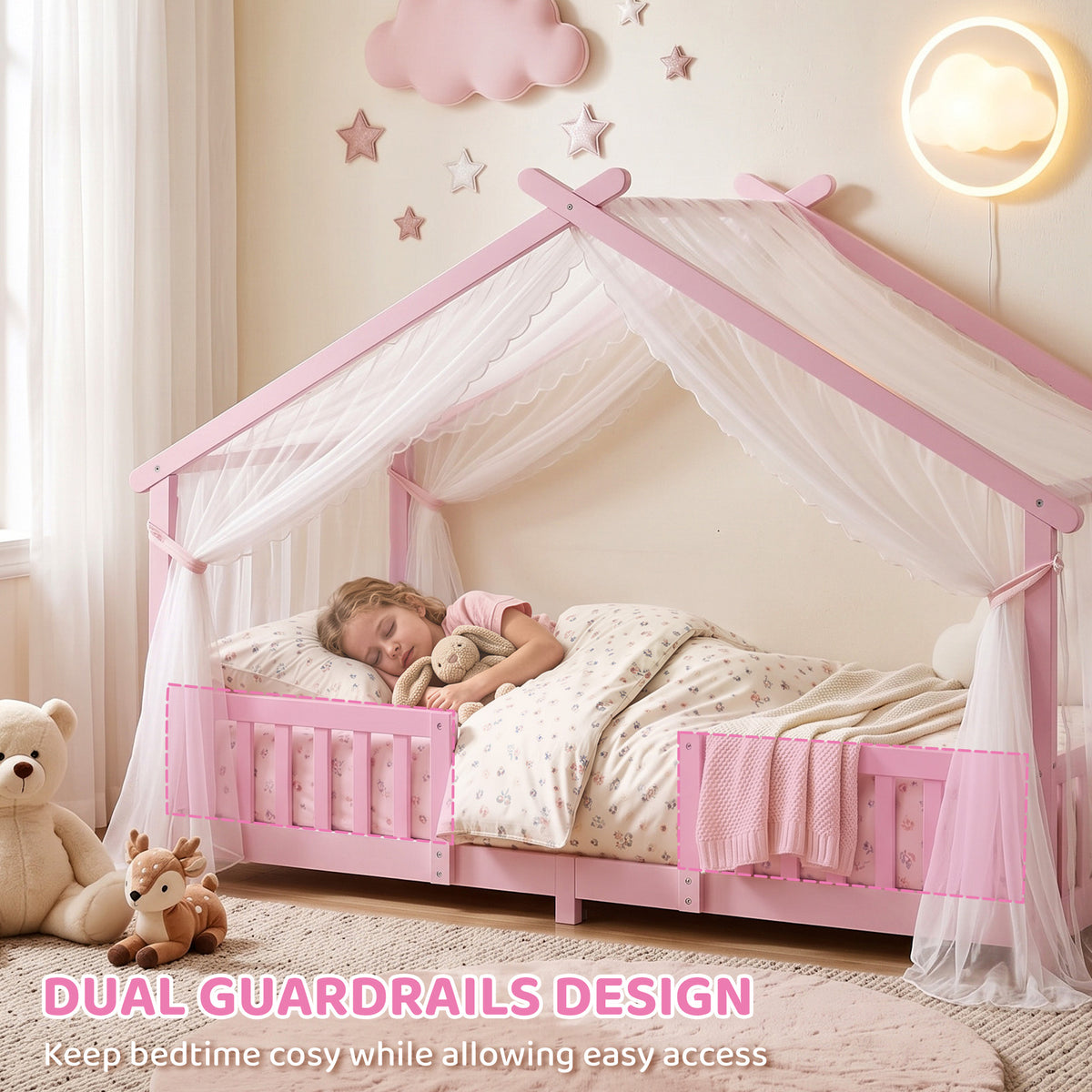 AIYAPLAY Pink Solid Pine House Bed Frame for Kids with Dual Guardrails
