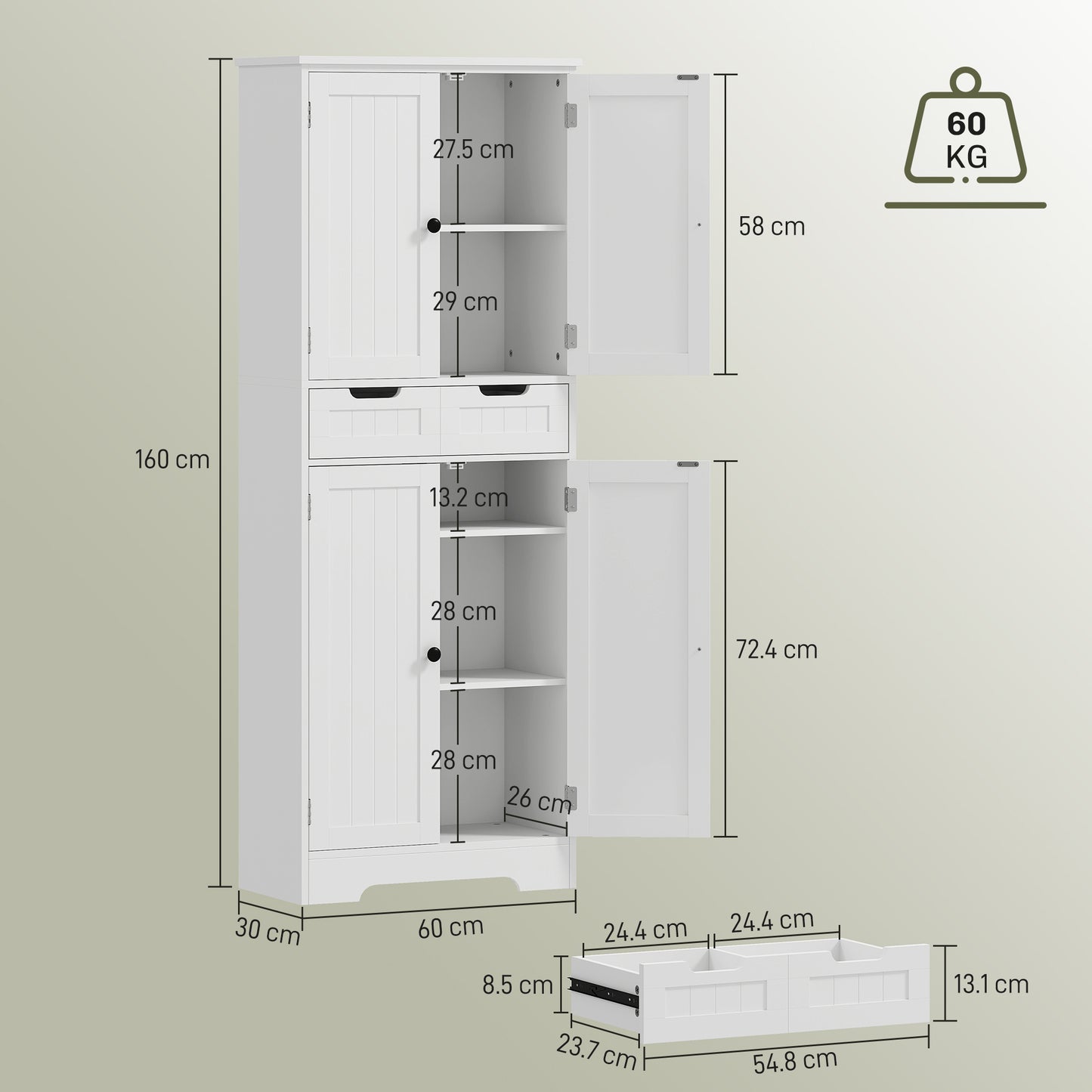 HOMCOM Tall White Bathroom Storage Cabinet With Drawer And Double Cupboards For Bathroom Or Kitchen Pantry And Sideboard