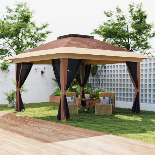 Outsunny 3.6m By 3.6m Pop Up Gazebo With Accessories Brown UPF50 Canopy Mesh Liner Adjustable Height 260 270 280 Cm