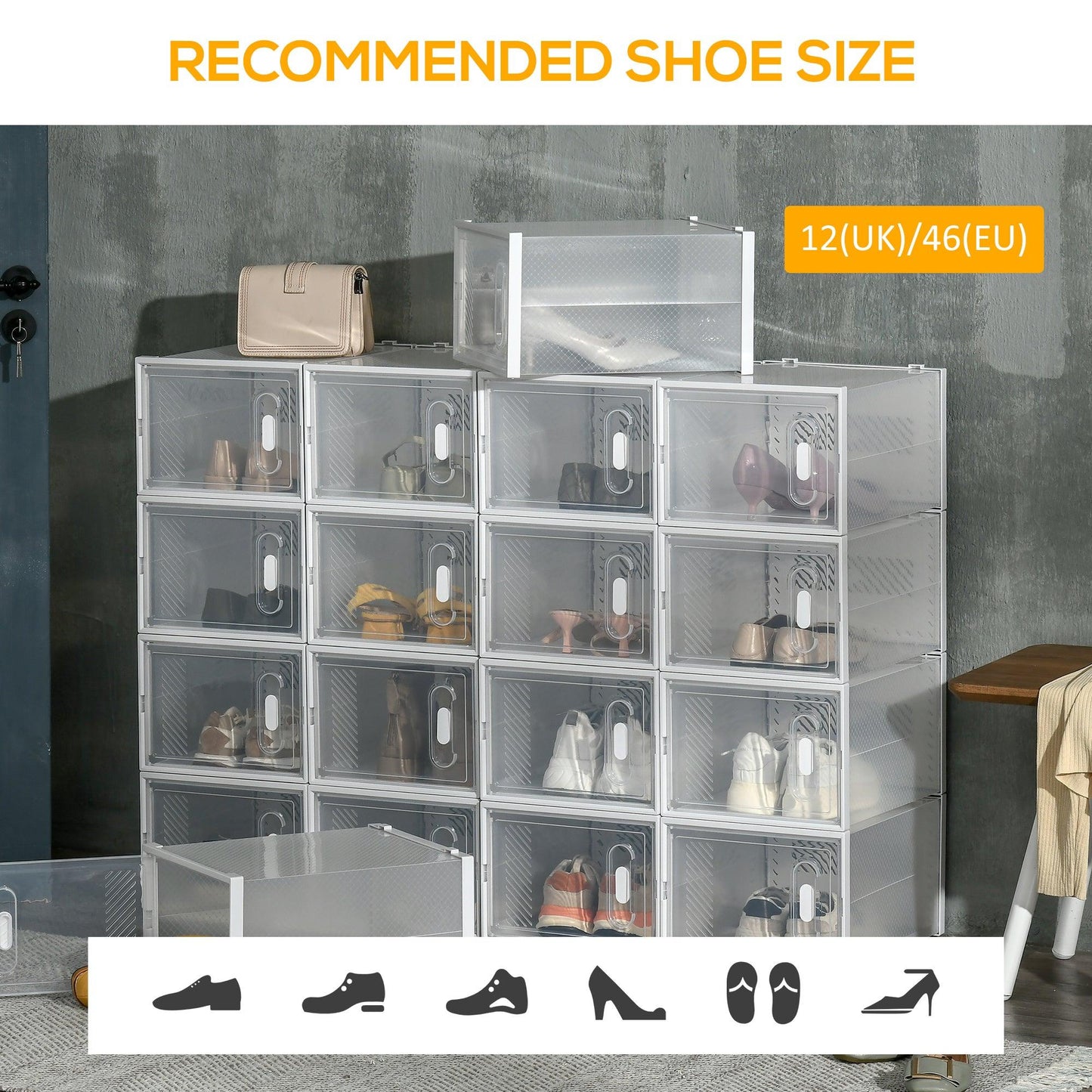 HOMCOM 18PCS Clear Shoe Storage Box, Stackable for UK/EU Size up to 12/46, Magnetic Door - ALL4U RETAILER LTD