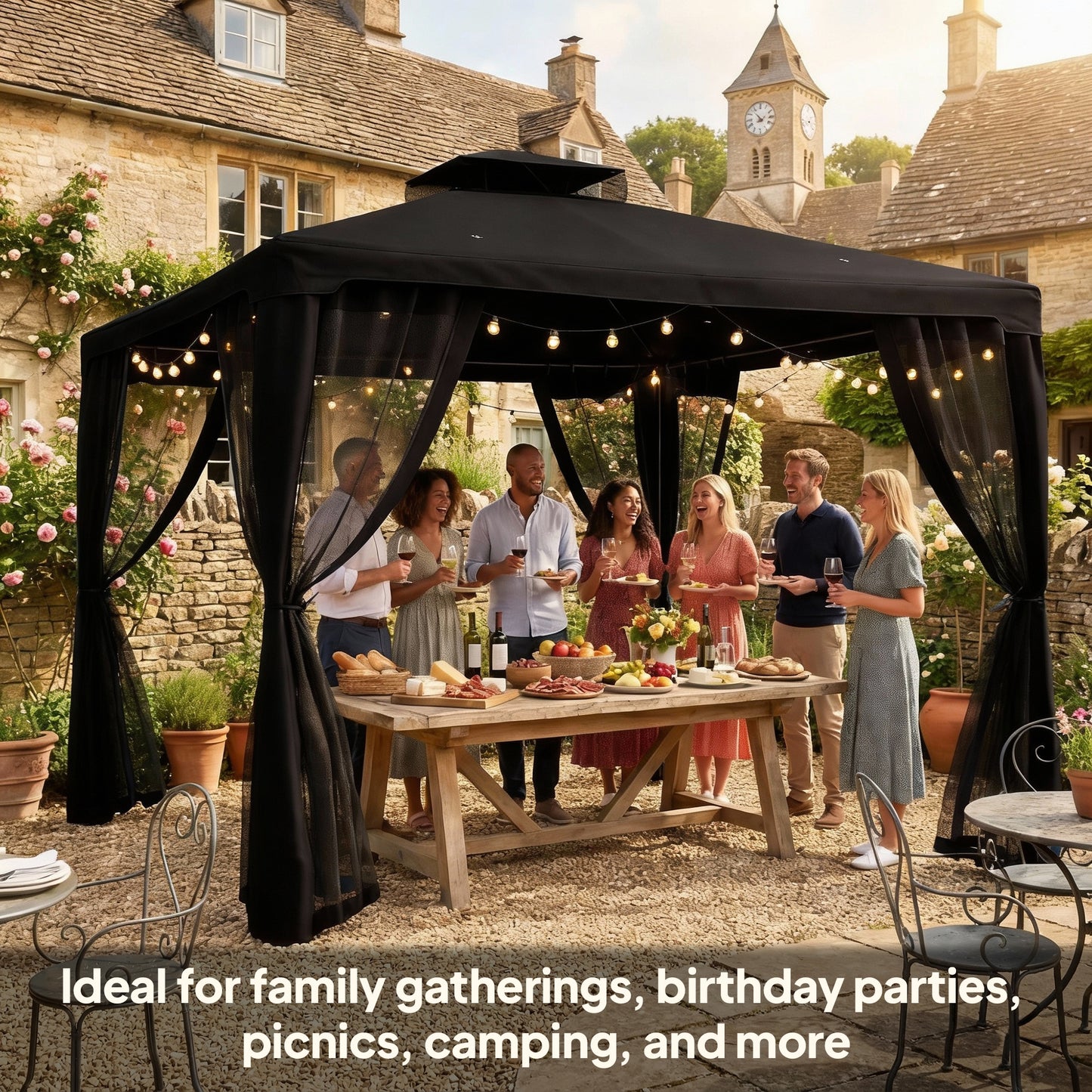 Outsunny 3x3m Metal Gazebo Garden Pavilion With Double Roof Outdoor Canopy Shelter And Mesh Sidewalls Black