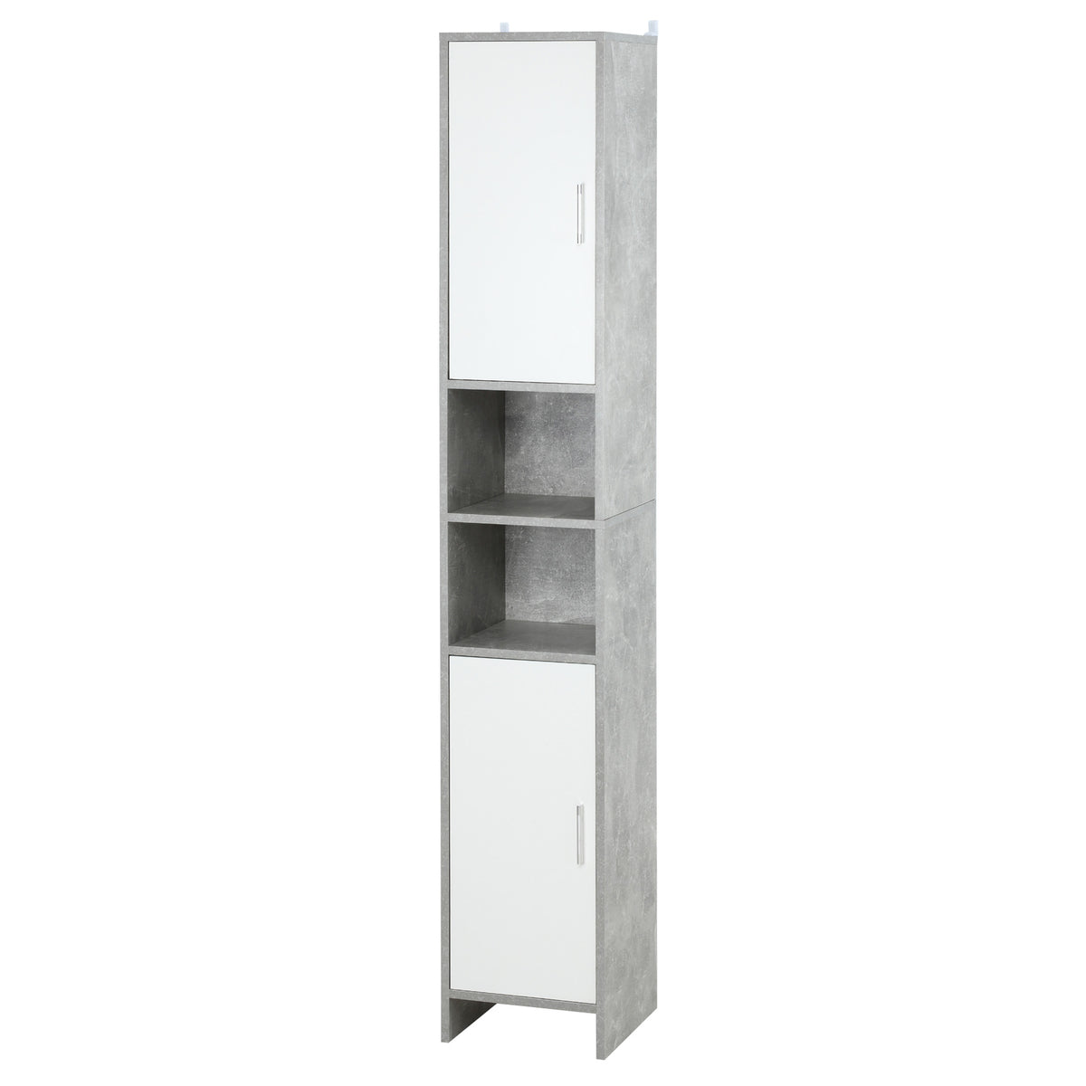 Tall narrow storage cabinet with grey body, top and bottom white cabinet doors