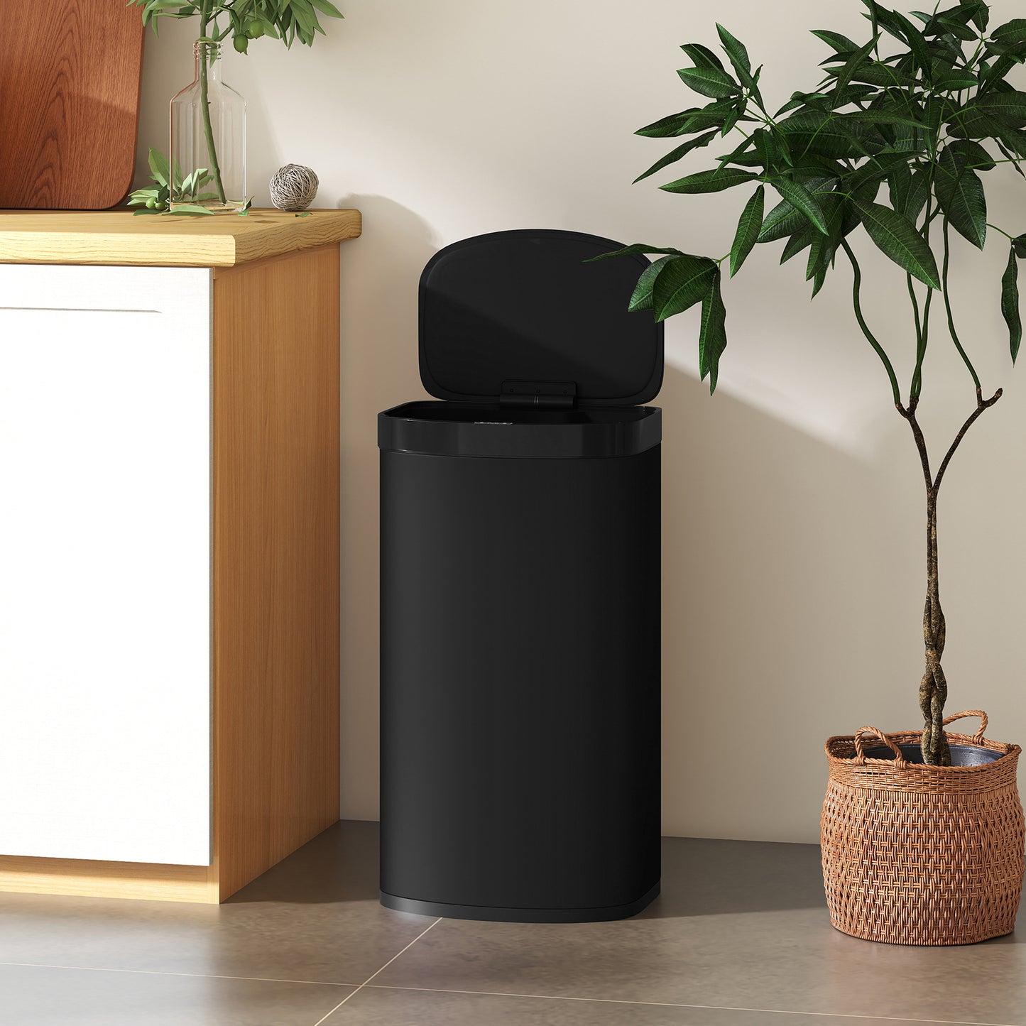 HOMCOM 55L Sensor Bin With Soft Close Lid Touchless Motion Sensor Fingerprint Resistant Stainless Steel Black