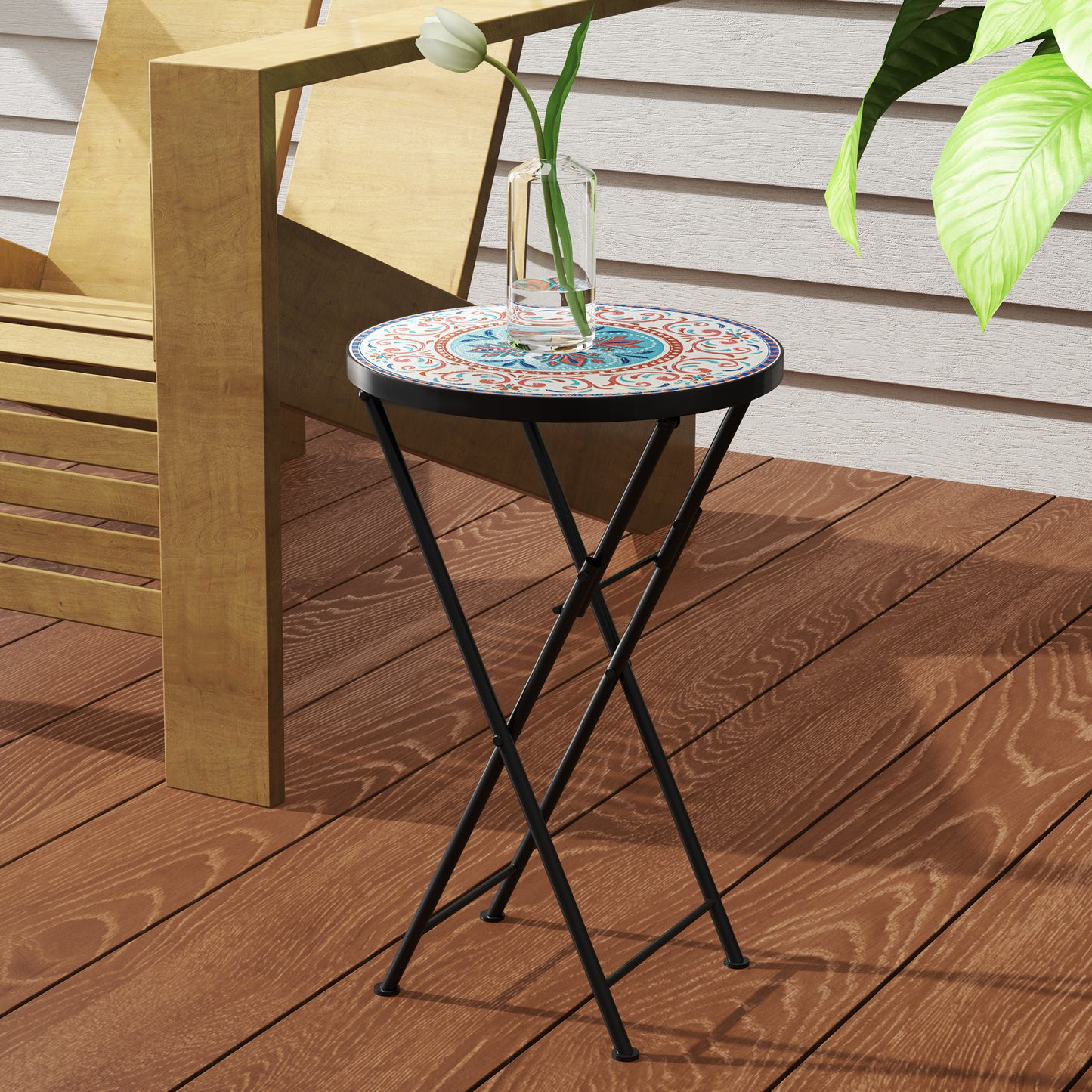 Outsunny Mosaic Outdoor Garden Table 35.5cm Round Folding Coffee Table With Metal Frame For Balcony Terrace Multicolour