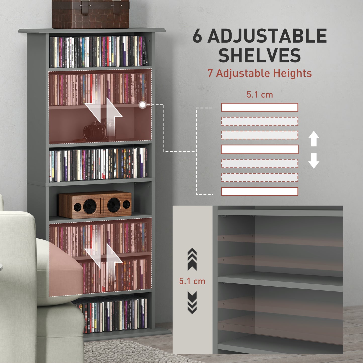 HOMCOM 360 CD Storage Unit Grey Tall Wall Mounted Multimedia Shelf Eight Compartments for CDs DVDs Blu Rays