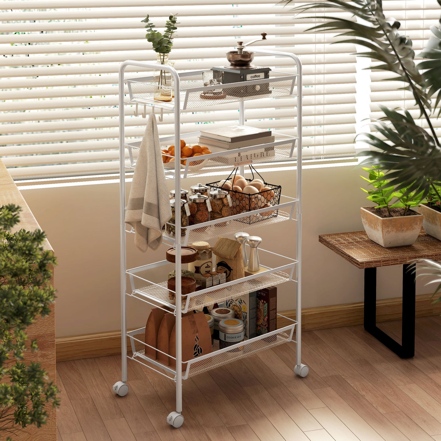 HOMCOM Five Tier Steel Mesh Basket Storage Trolley With Wheels White For Kitchen Home Office Garage And More