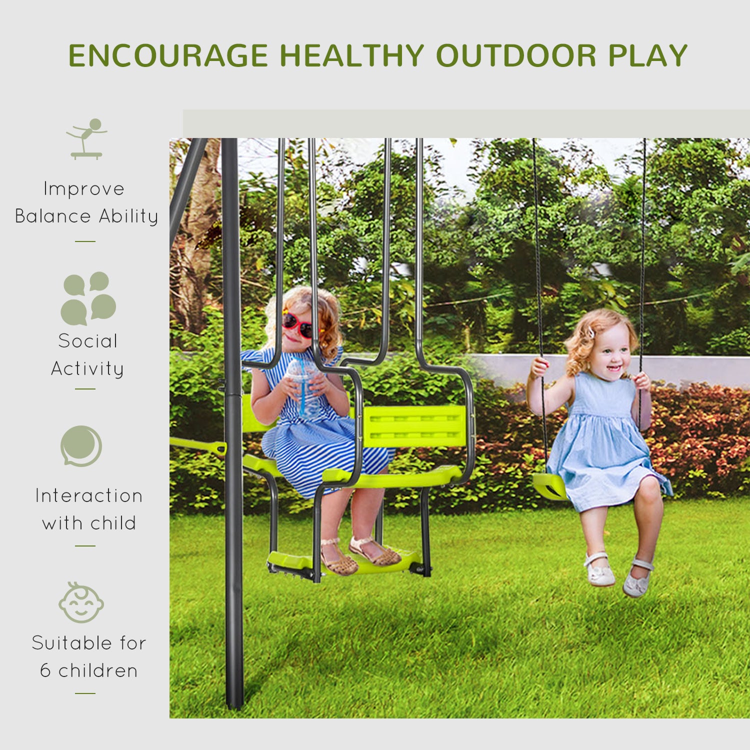 Outsunny Outdoor Metal Swing Set with Dual Seats and Glider for Kids - Green - ALL4U RETAILER LTD