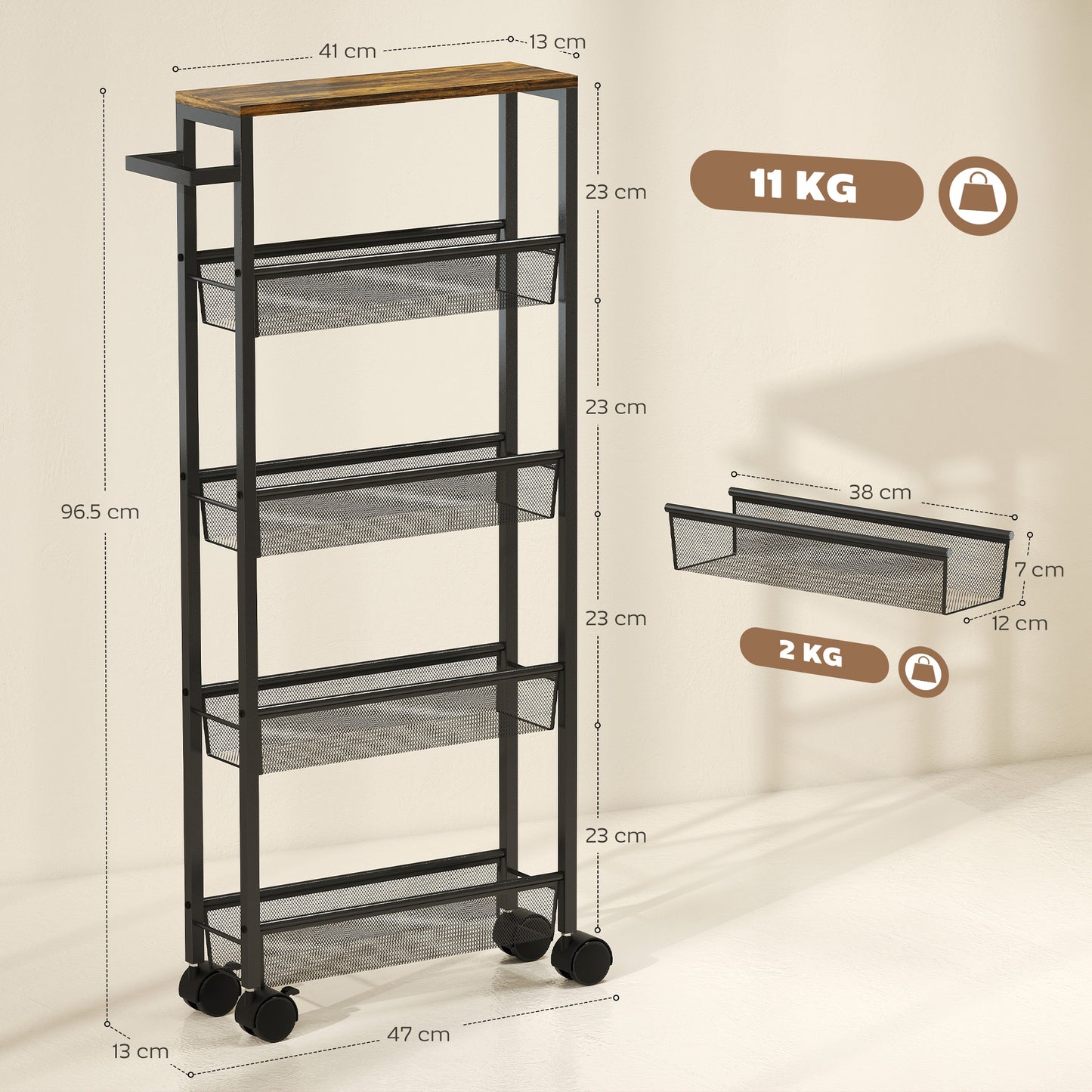 HOMCOM Slim Storage Trolley 5 Tier Kitchen Cart On Wheels With Wood Effect Top For Living Room Bathroom Black