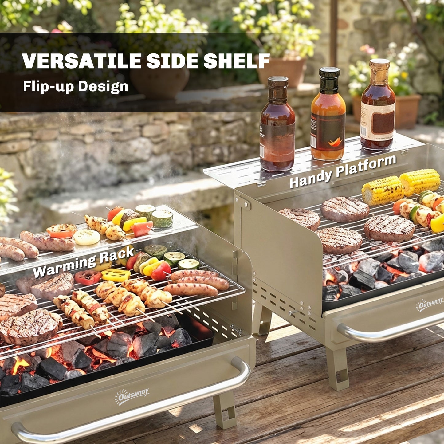 Outsunny Portable Charcoal BBQ Grill With Adjustable Grates Foldable Legs Side Shelf For Camping Travel Khaki
