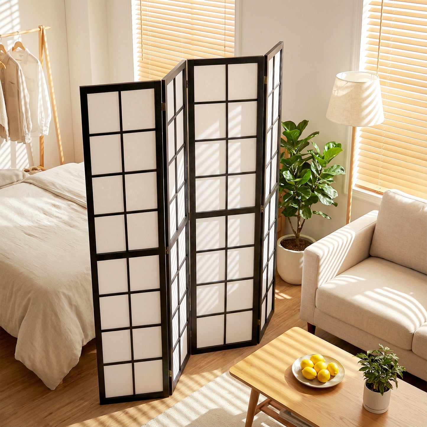 HOMCOM 4 Panel Folding Room Divider Freestanding Indoor Privacy Screen For Living Room And Bedroom Black