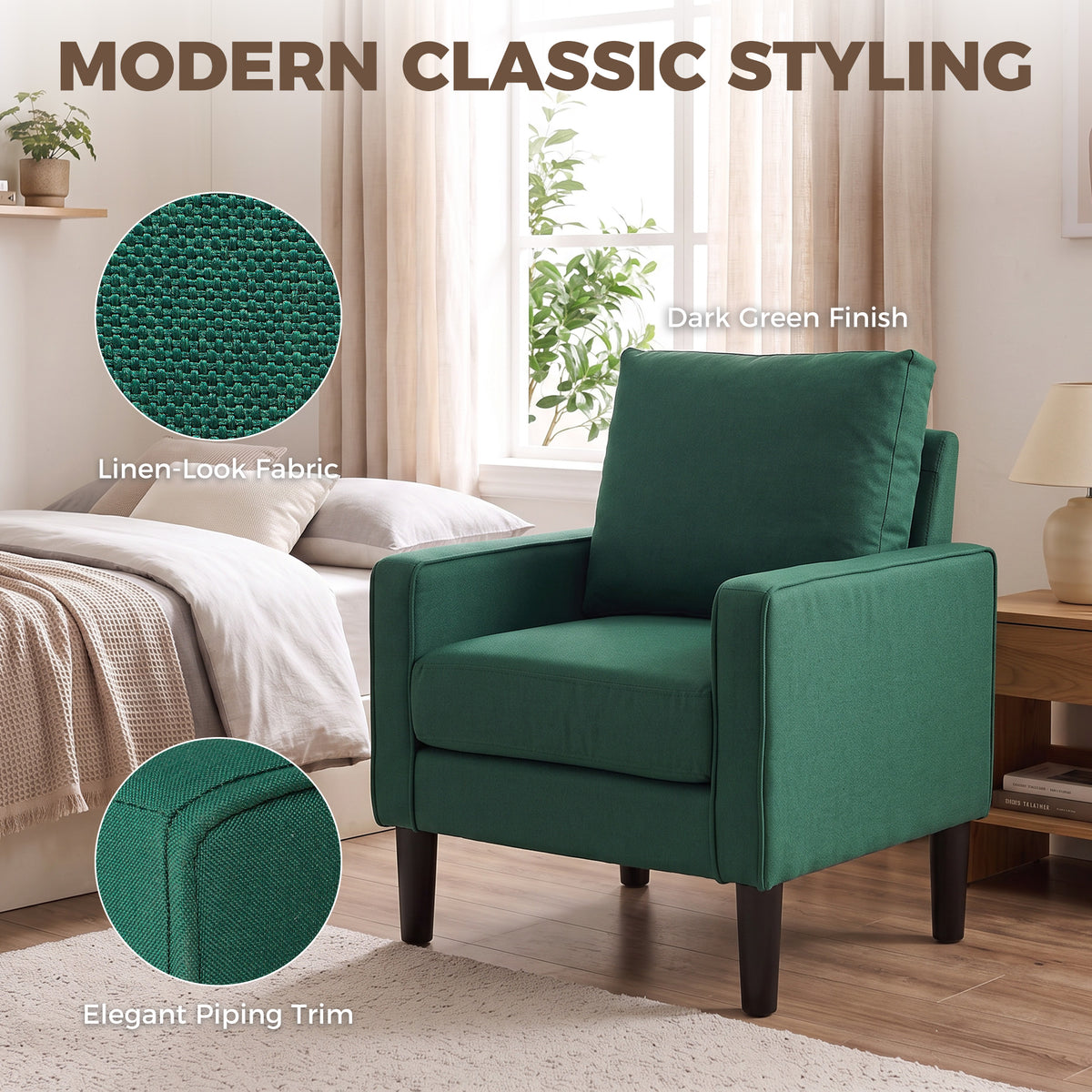 Dark green linen-look armchair with elegant piping trim and cushioned seat