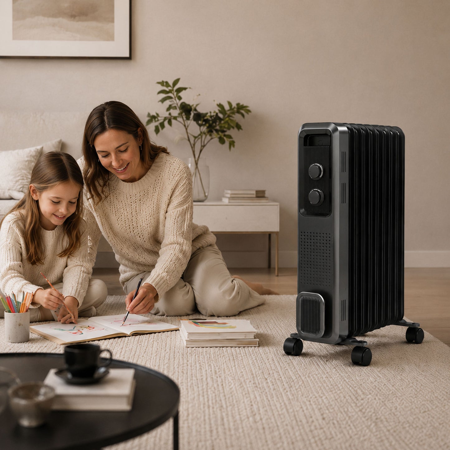 HOMCOM 2000W Oil Filled Radiator 9 Fin Portable Electric Heater With 3 Heat Settings Safety Cut Off And Wheels Grey