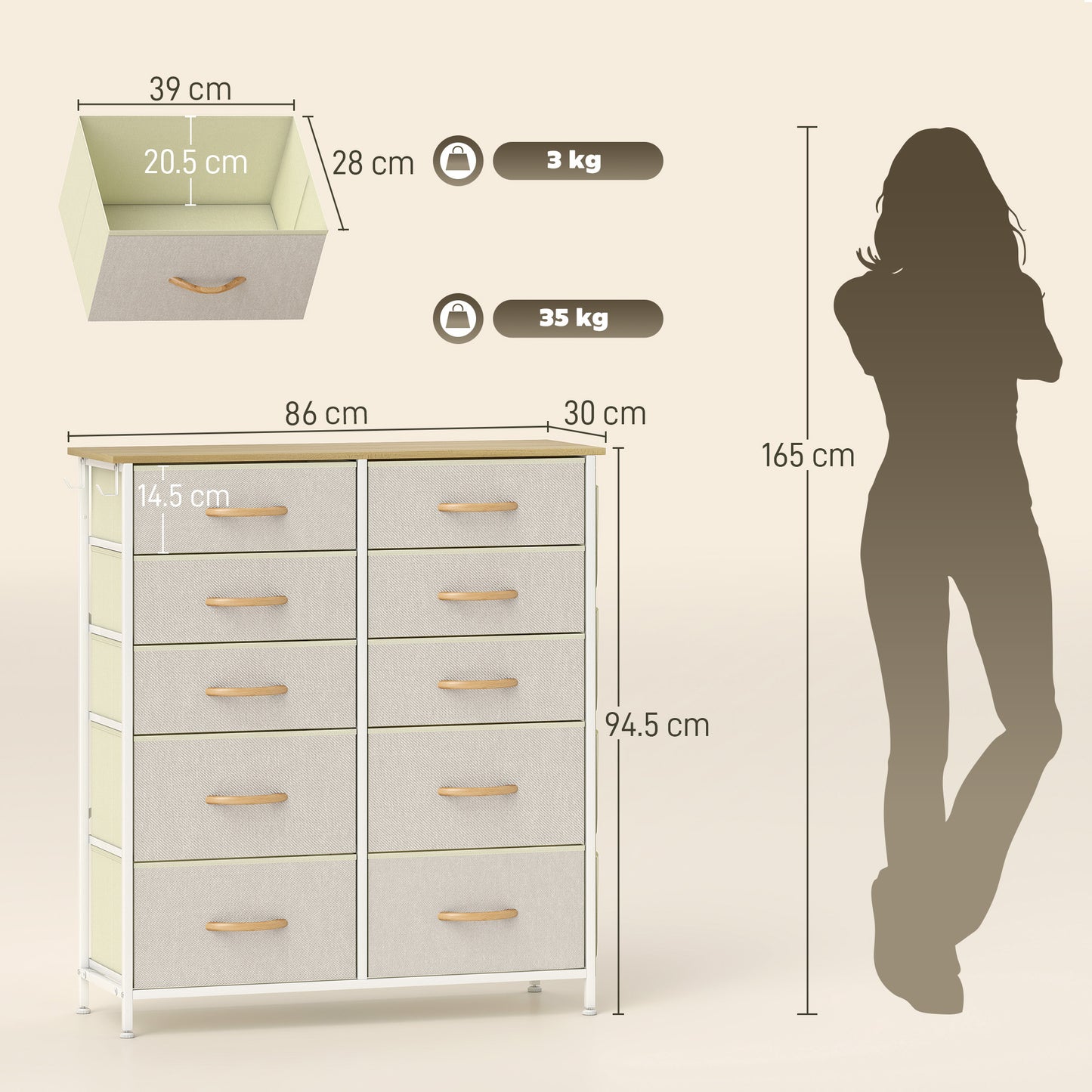 HOMCOM Fabric Chest of Ten Drawers Beige with Steel Frame X Bars Six Small and Four Large Drawers for Bedroom Storage