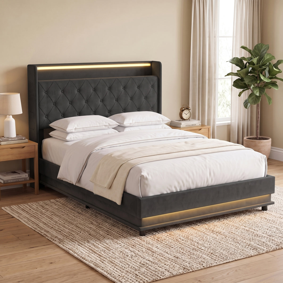 Homcom Double Bed Frame With Hydraulic Storage Led Lights Usb Charging Black