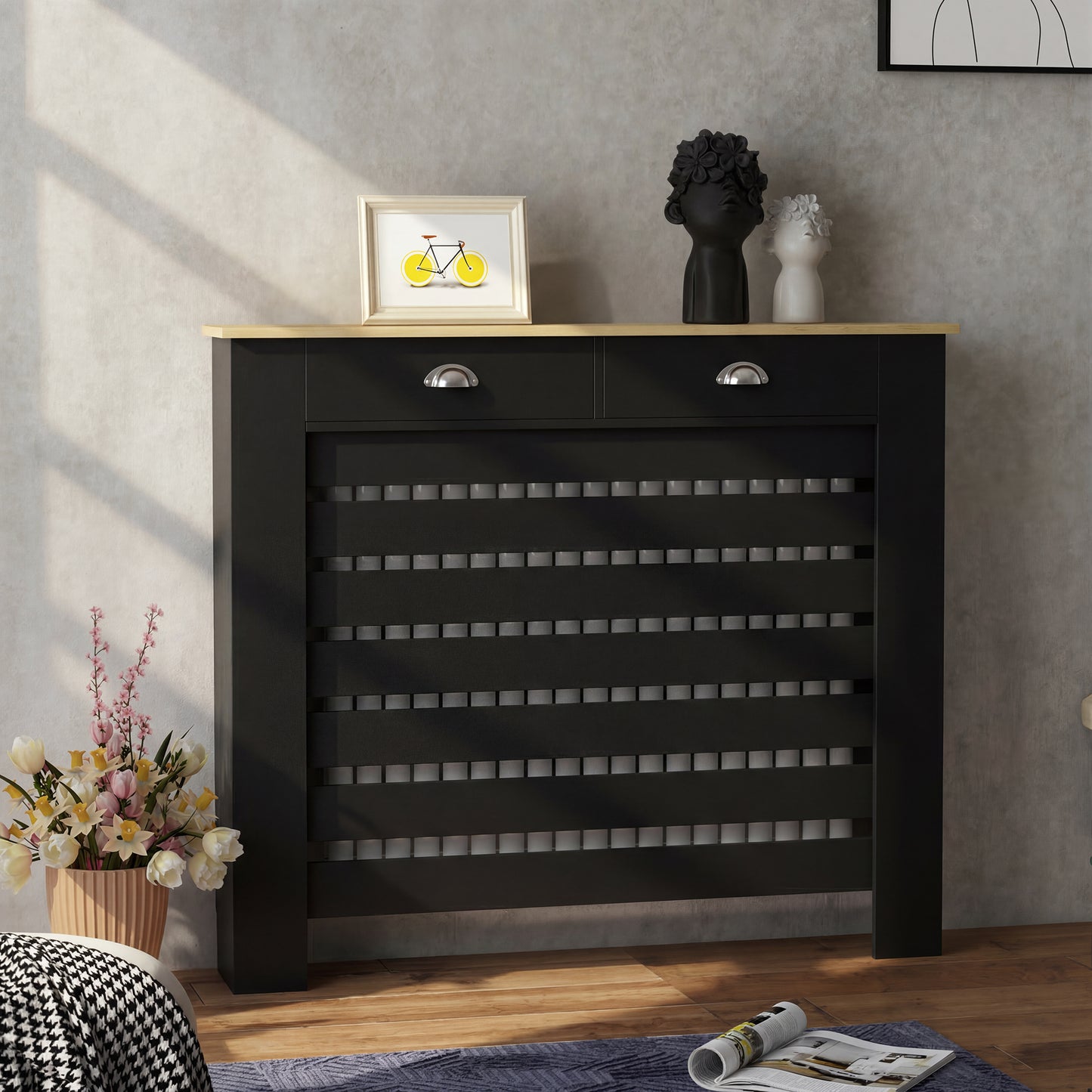 HOMCOM Radiator Cover With Drawer Black 95.5H X 111W cm Slim Slatted MDF And Particle Board