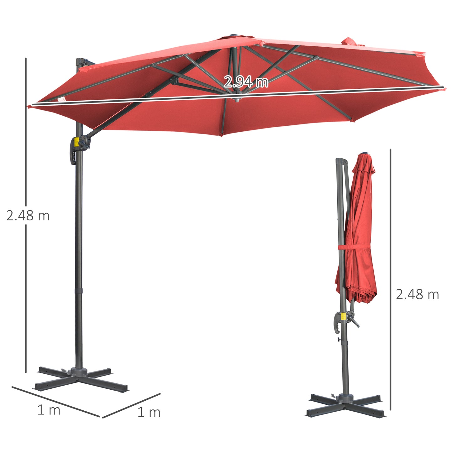 Outsunny 3m x 3m Wine Red Cantilever Parasol with Cross Base and Crank Handle - ALL4U RETAILER LTD