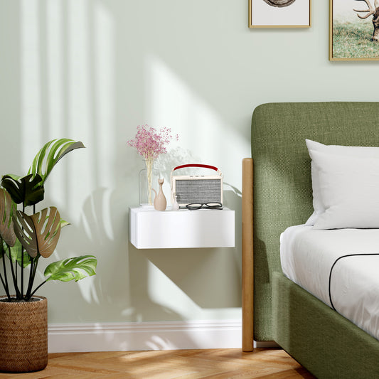 HOMCOM Floating Bedside Table Wall Mounted Nightstand With Storage Drawer White Finish