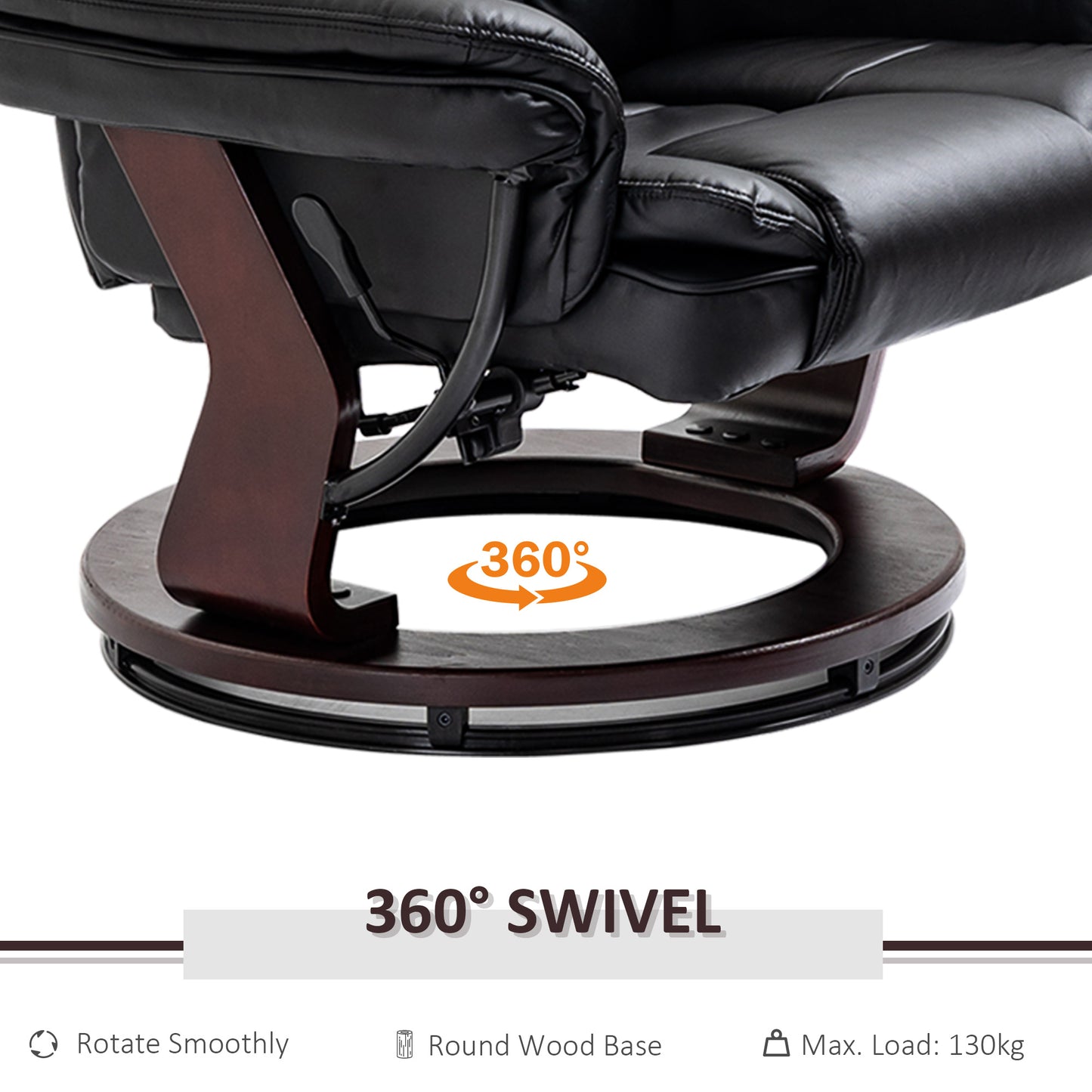 HOMCOM PU Leather Recliner Chair With Footstool 130kg Capacity 135 Degree Swivel Wood Base Black