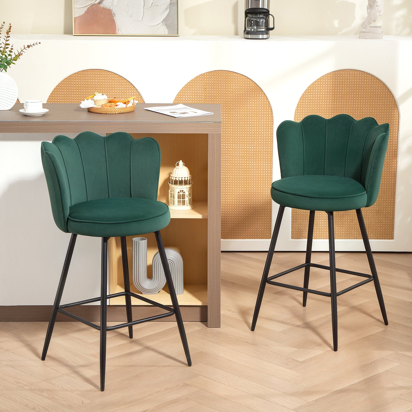 HOMCOM Set Of Two Velvet Feel Lotus Bar Stools Dark Green With High Back And Dense Foam