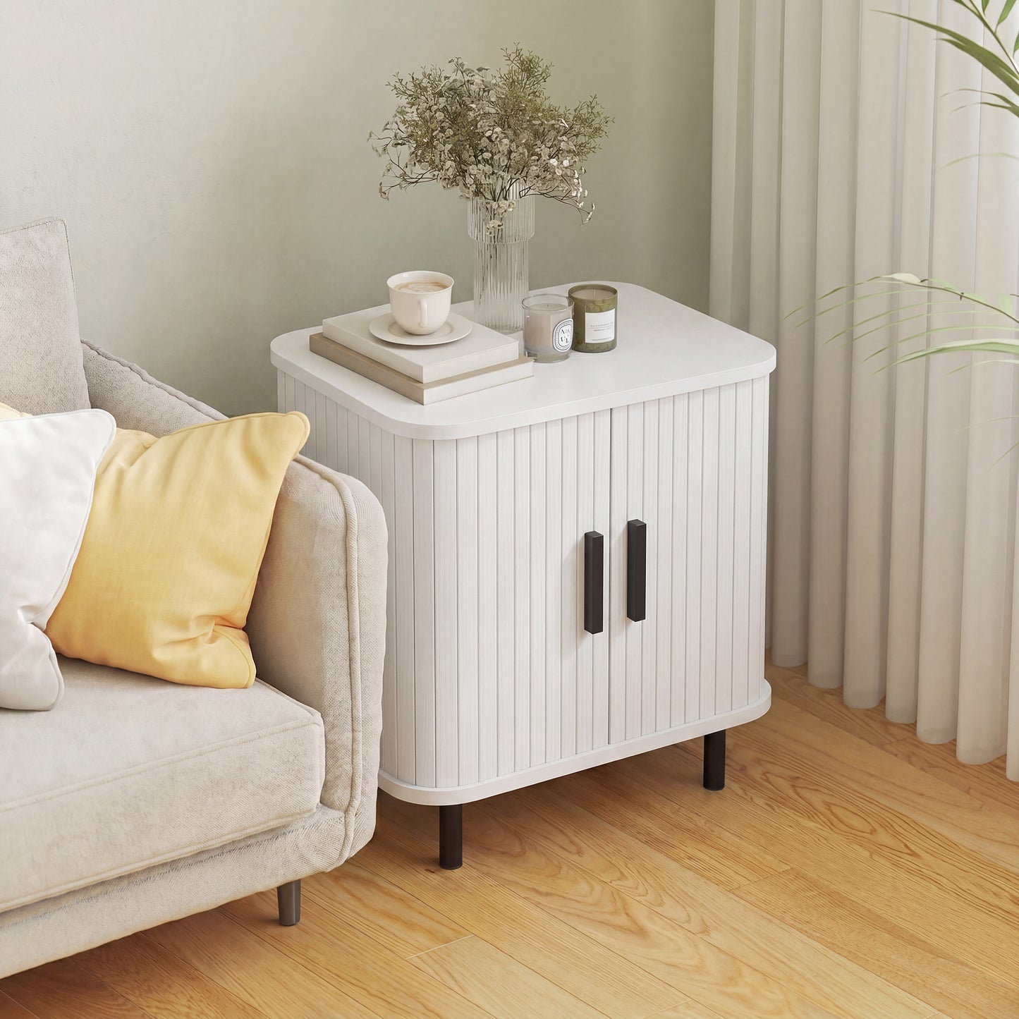 HOMCOM Nordic Design Nightstand With Sliding Doors And Metal Legs White Wood Effect