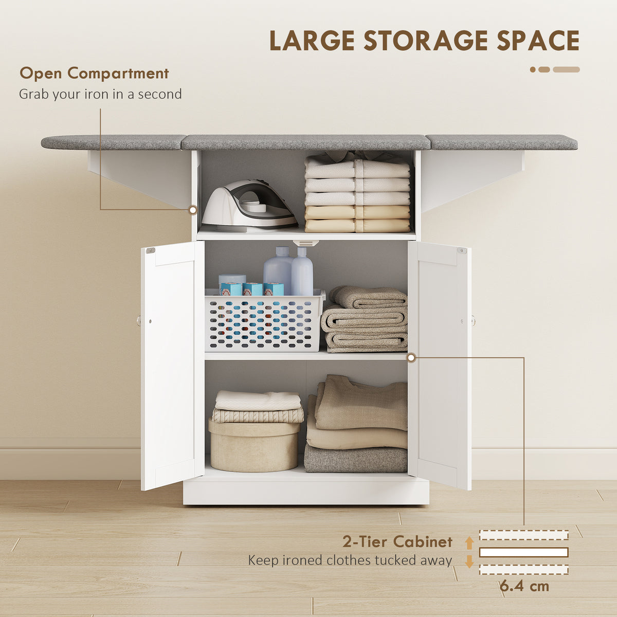 HOMCOM Mobile Ironing Board Cabinet on Wheels with Foldable Top and Storage
