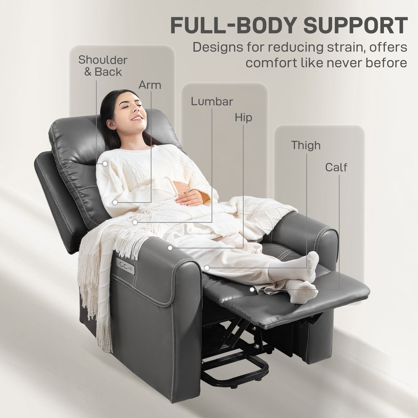 HOMCOM Power Lift Recliner Chair For Elderly With Overstuffed Faux Leather USB A C Ports Charcoal Grey